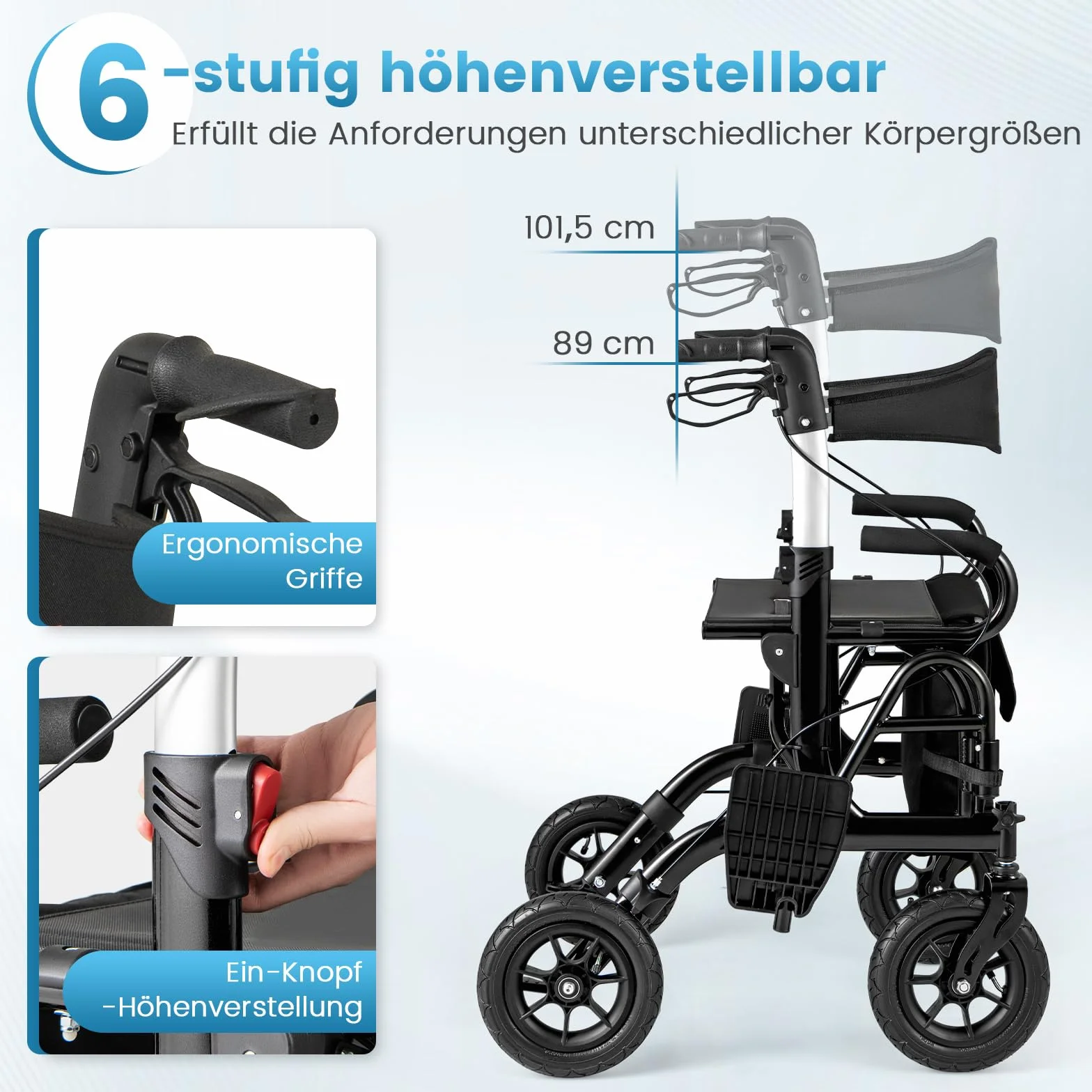 COSTWAY Chodzik z oponami pneumatycznymi składany lekki z siedziskiem wózek inwalidzki rollator 2 w 1 aluminium do 140 kg 6-stopniową regulacją wysokości