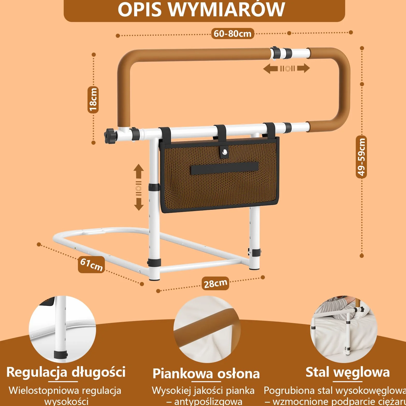 Poręcz łóżka dla seniorów regulowana wysokość i szerokość składana antypoślizgowe uchwyty