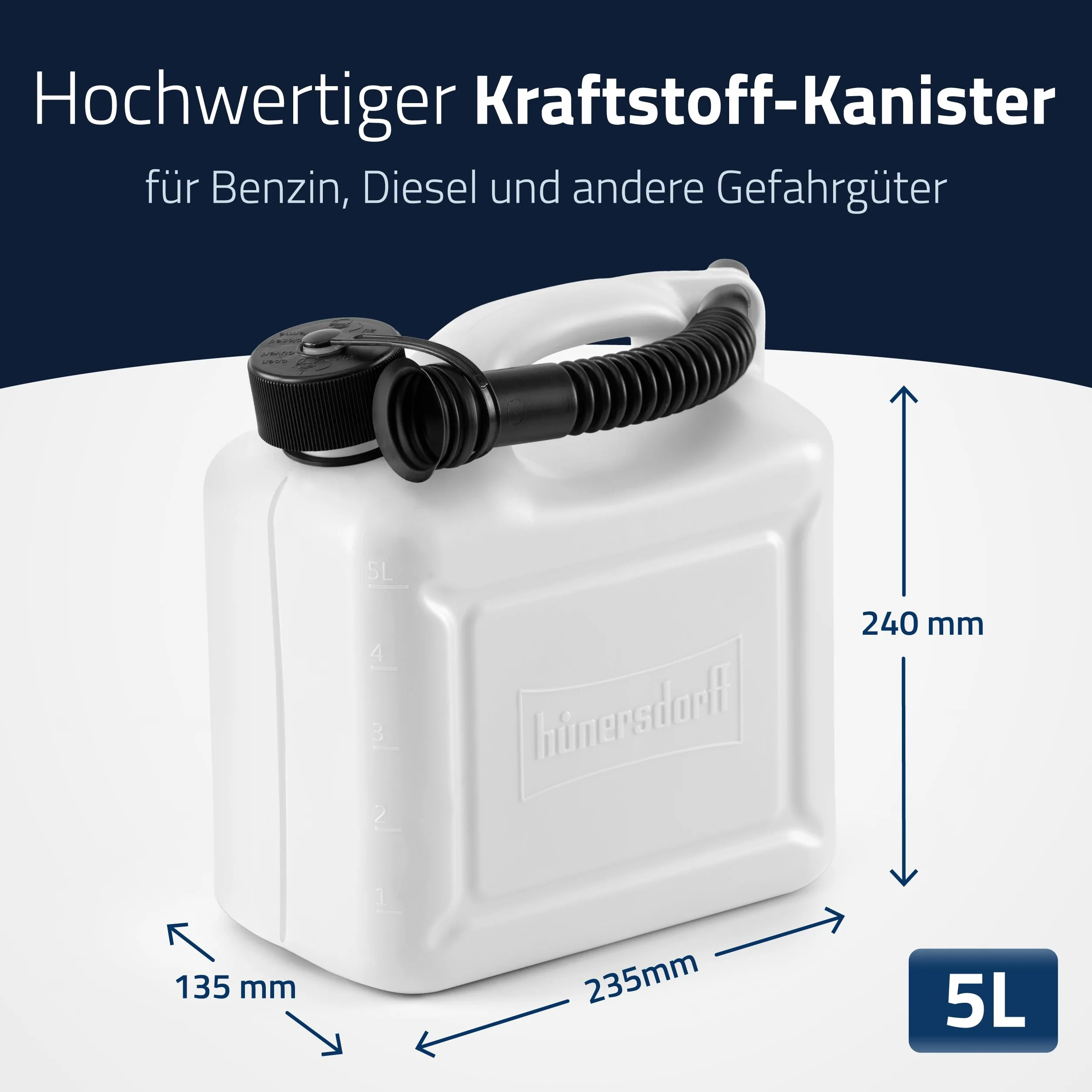 Kanister na paliwo 811500 Standard 5 l na benzynę, olej napędowy i inne towary niebezpieczne, dopuszczenie ONZ, wyprodukowano w Niemczech, produkcja sprawdzona przez TÜV, biały