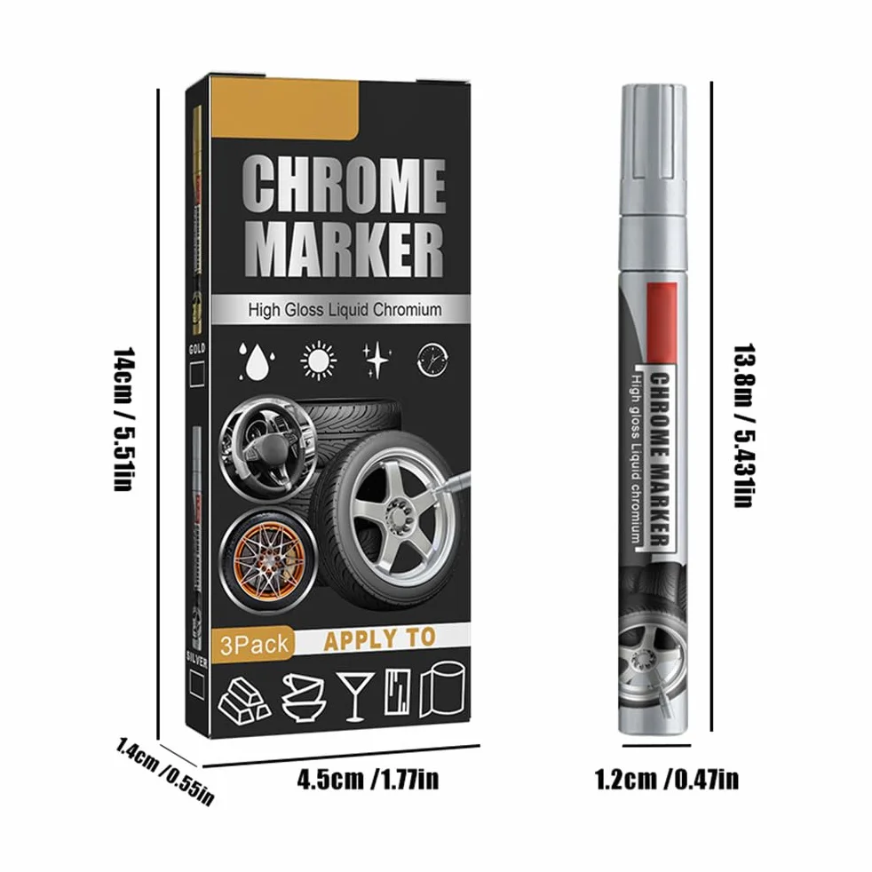 Marker Chromowany, 3 szt. Naprawa Samochodu środek do Usuwania zarysowań na Lakierze Pisak z farbą Marker z Płynnym Chromem o Wysokim Połysku Marker Chromowany (2)