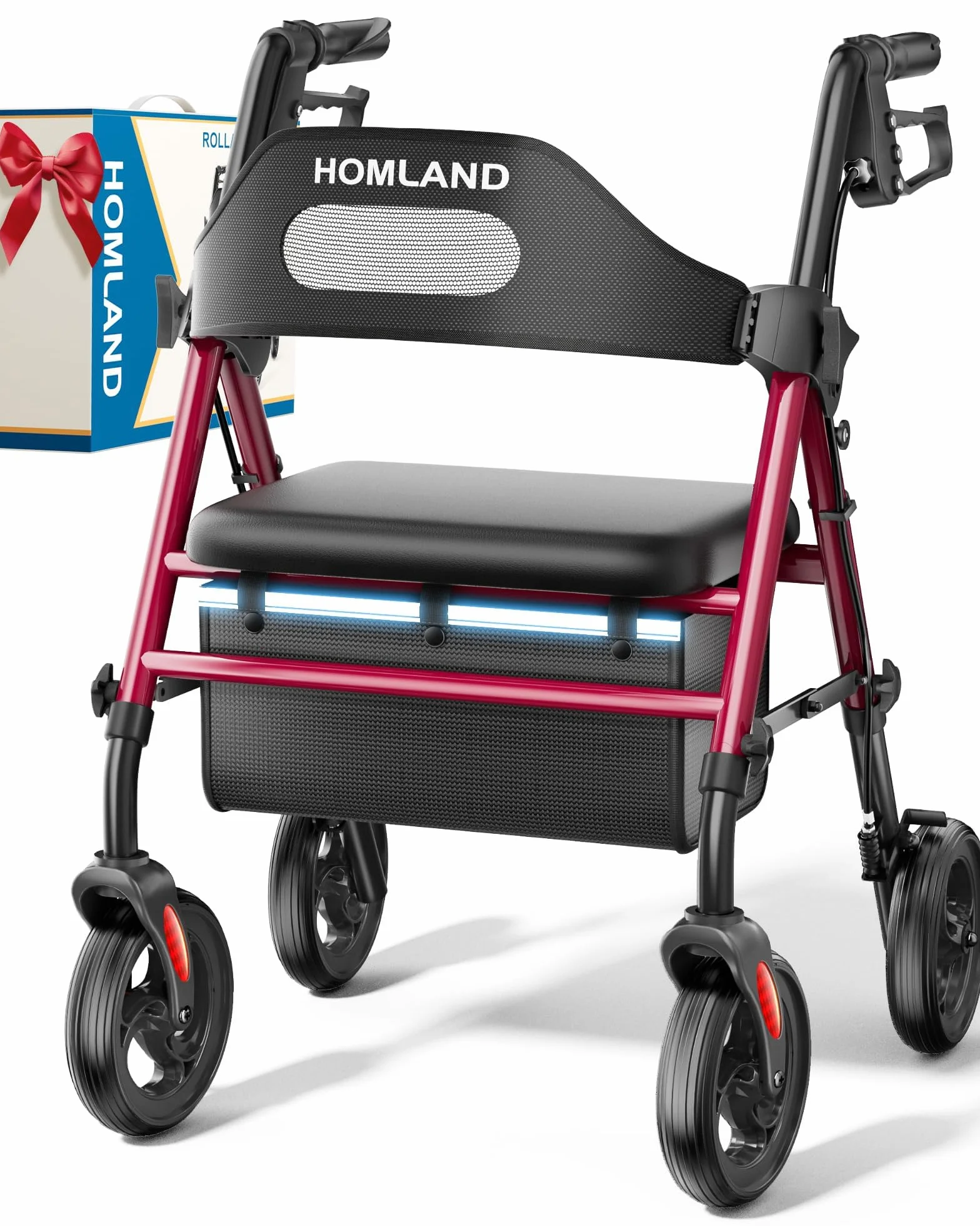 HOMLAND Składany chodzik dla seniorów z siedziskiem, duże koła 20 cm, nośność 158 kg, regulowany