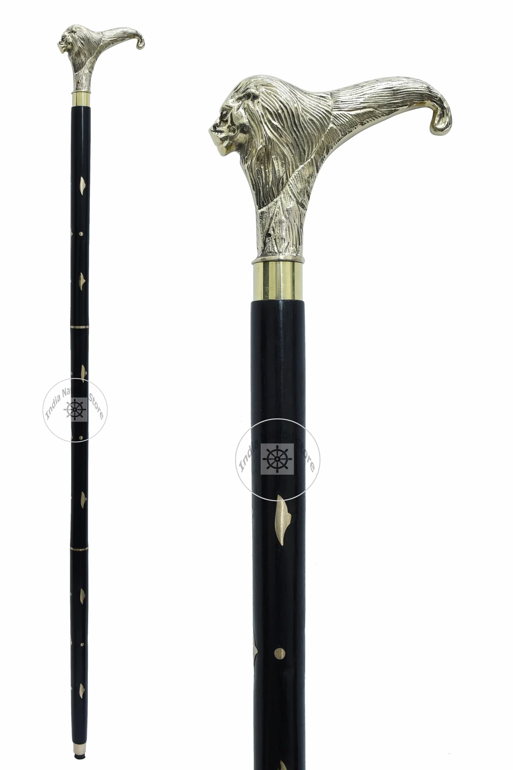 Laska spacerowa z motywem lwa, mosiężny uchwyt, 36 cm