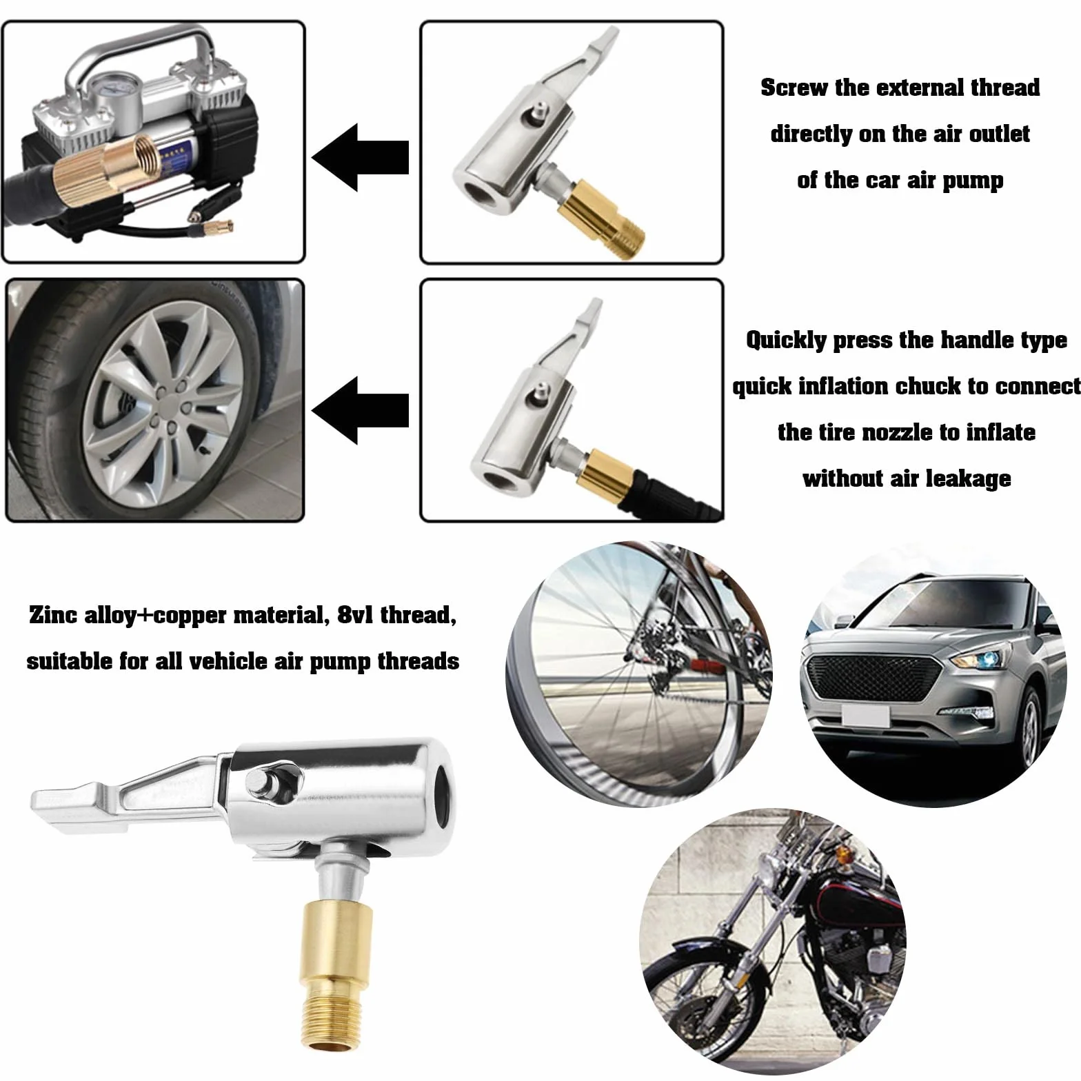 8v1 Wąż do pompy powietrza z adapterem gwintowanej końcówki do opon Zamiennik końcówek pneumatycznych do pompy powietrza samochodowej Adapter gwintowanej dyszy do pompy samochodowej Akcesoria do