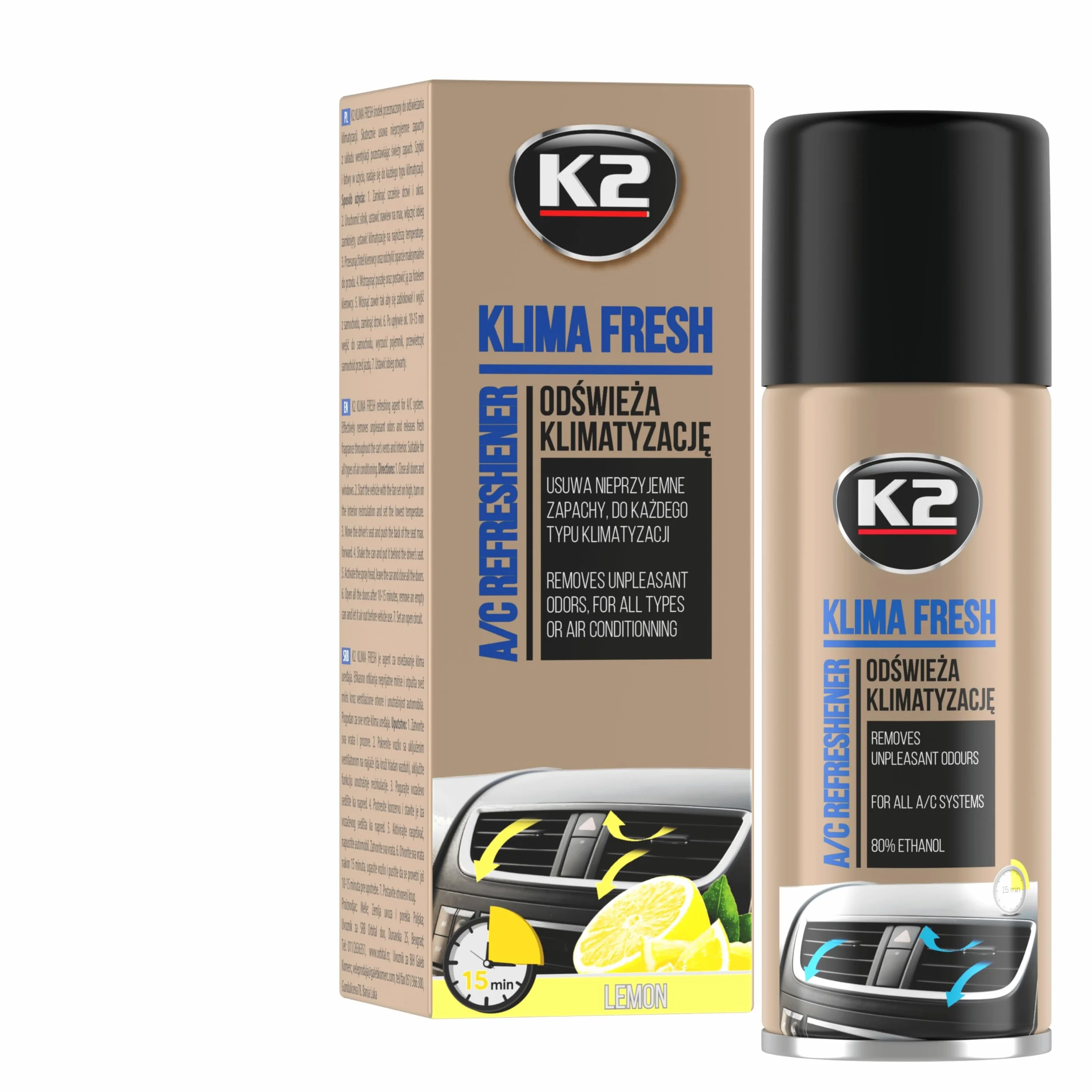 K2 Środek do czyszczenia klimatyzacji A/C Klima Fresh, czyści i odświeża, serwis klimatyzacyjny, pozostawia świeży zapach, nadaje się do każdego samochodu 150 ml