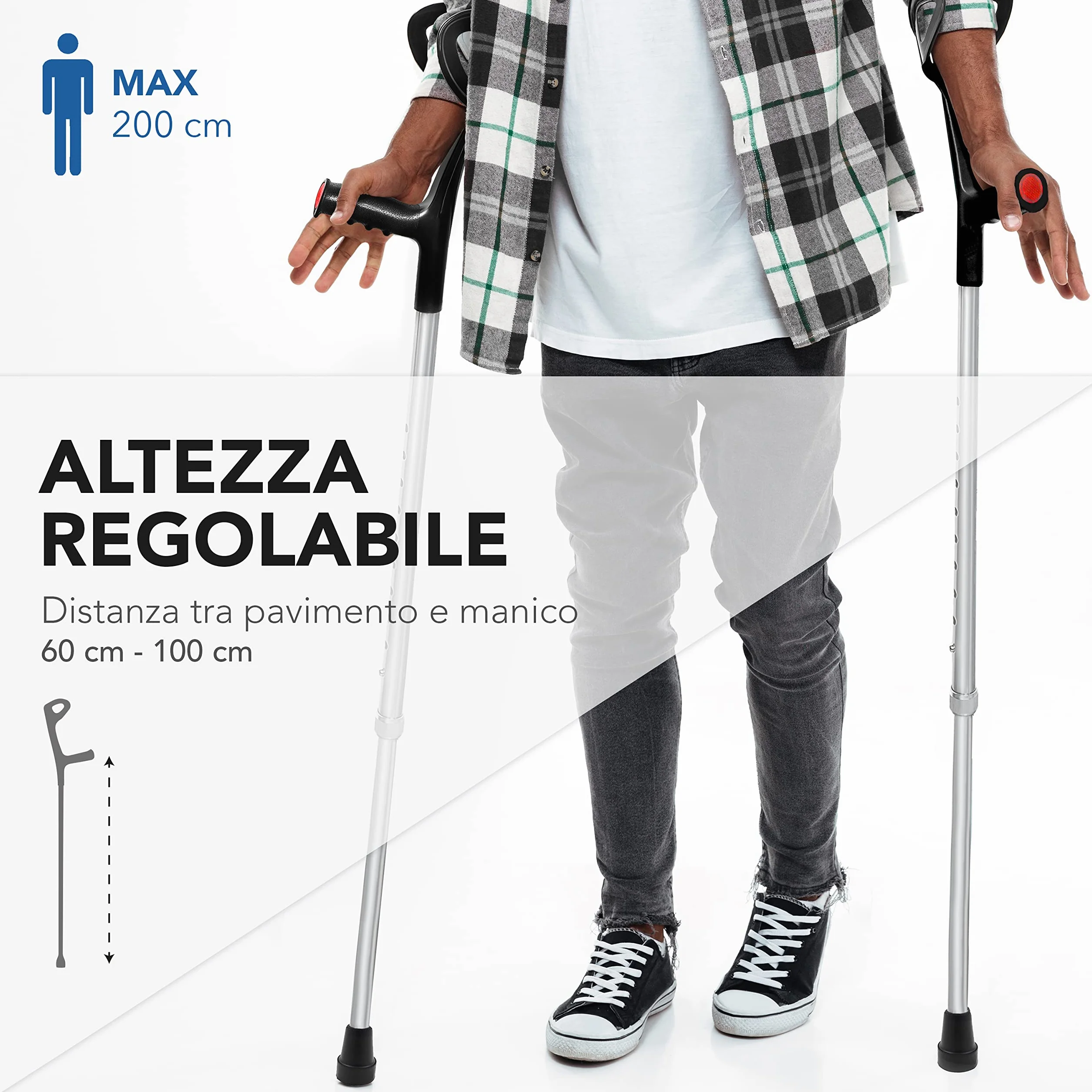 AIESI Lekkie kule ortopedyczne z regulacją wysokości anodyzowane aluminium czarne 2 szt.