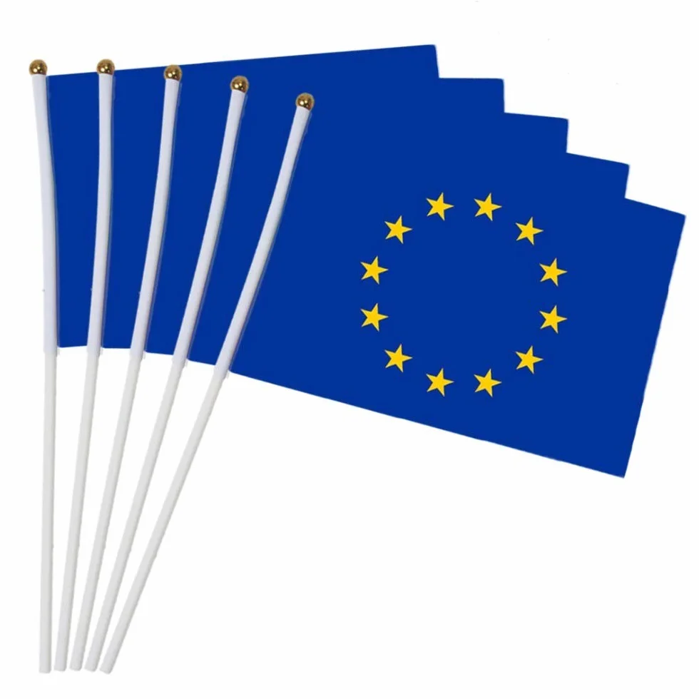 BYFRI 10 szt. flaga Unii Europejskiej machająca ręcznie flaga UE poliester biurko samochód euro narodowe flagi ręczne (14 x 21 cm)