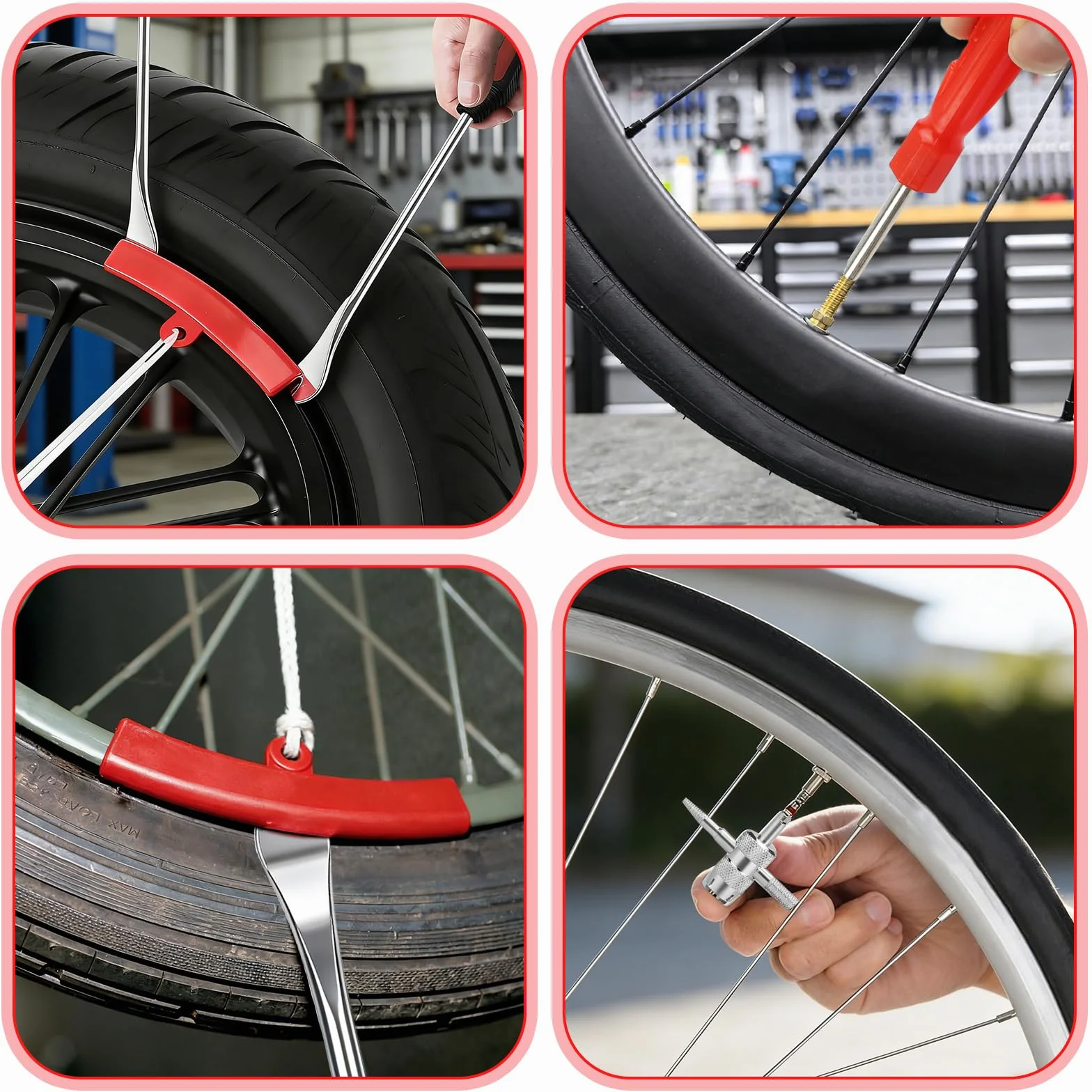 38 sztuk łyżek do opon rowerowych, dźwigni do montażu opon z 3 kołami, ochraniaczami na felgi, dźwignią do montażu opon do motocykla, roweru, samochodu, opon, skutera (czerwone)