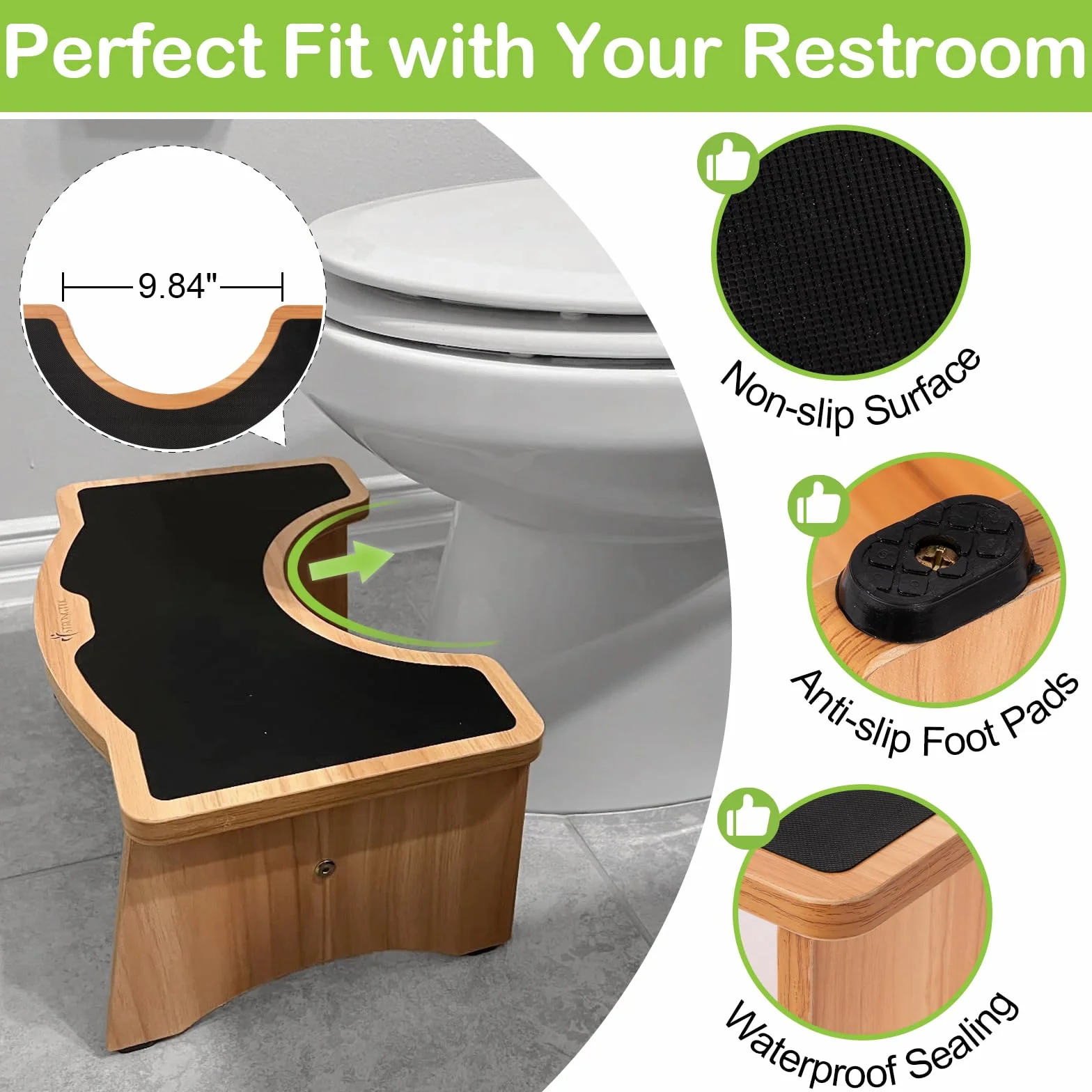 StrongTek Squatting Toilet Stool, Wood Bathroom Step Stool with Anti Slip Layer, 350 lbs Capacity, Portable, No Installation