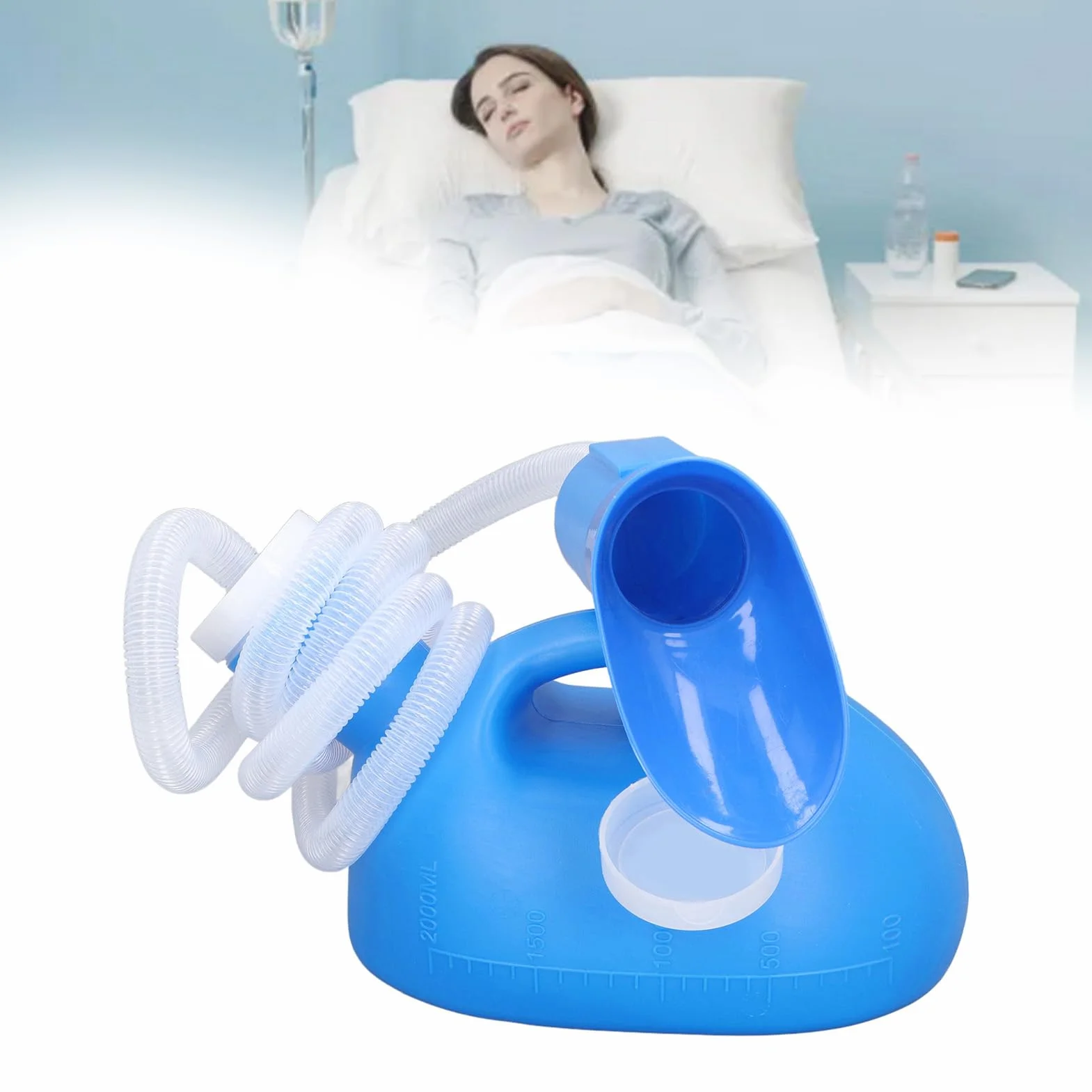 Męska Butelka na Mocz 2000 Ml z Dużym Otworem, Mocna Plastikowa z Długim Wężem, do Szpitala Podróży (BLUE)