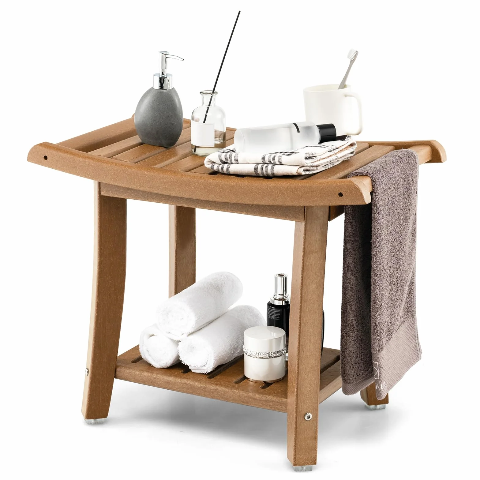 COSTWAY Ławka do kąpieli z regałem, taboret kąpielowy 170 kg, 60,5 x 34 x 48 cm