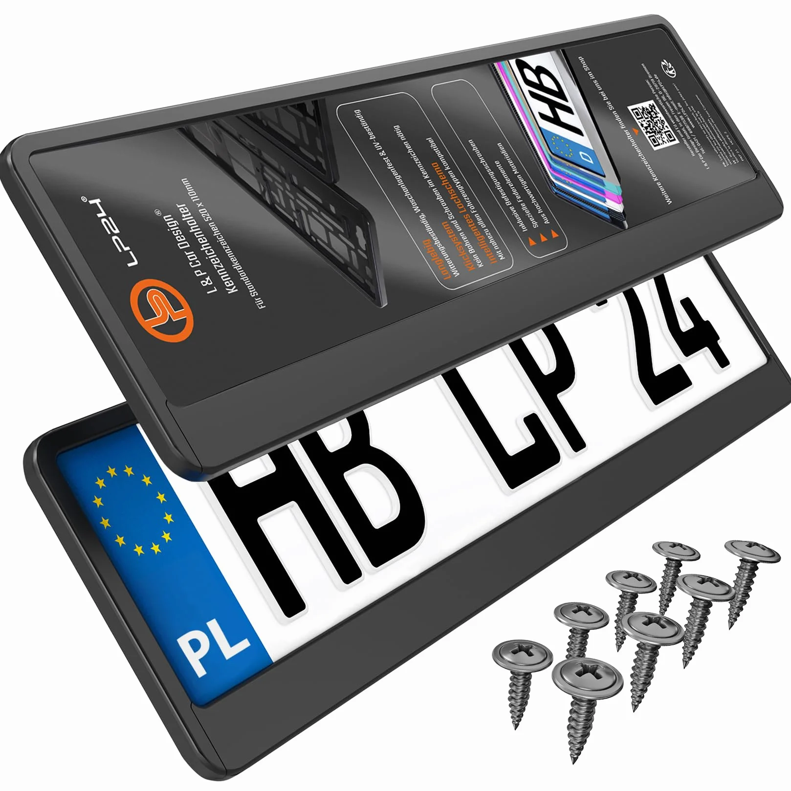 2x Uchwyt tablicy rejestracyjnej - trwały i bezpieczny - 8 śrub - czarny - 520x110 mm - Ramka do tablic rejestracyjnych - pasuje do każdego samochodu - dla polskich tablic PL - uniwersalne mocowanie