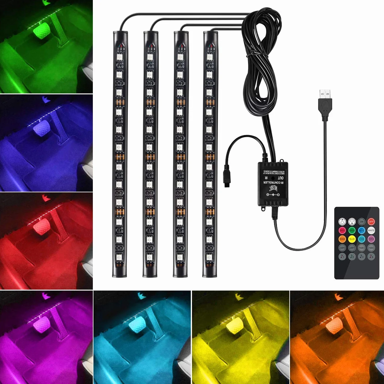 Favoto 4x12 oświetlenie wewnętrzne Oświetlenie nastrojowe LED Oświetlenie wnętrza samochodu Wnętrze LED z portem USB i pilotem na podczerwień