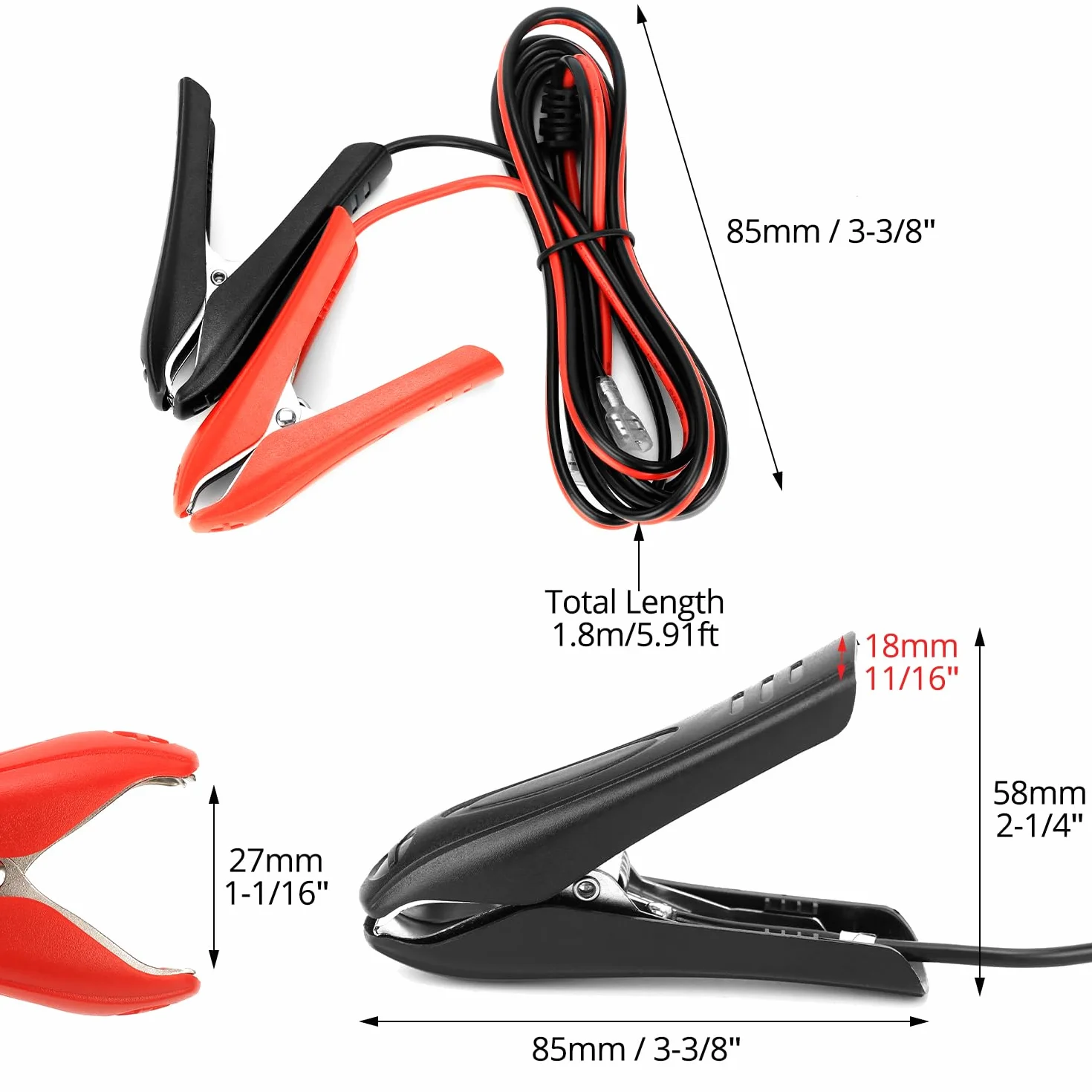 QWORK Zaciski krokodyli do akumulatora samochodowego 1,8 m 18 AWG 12 V z zaciskiem blokady zaciskowej, do zapłonu samochodu, połączenie akumulatora zapasowego