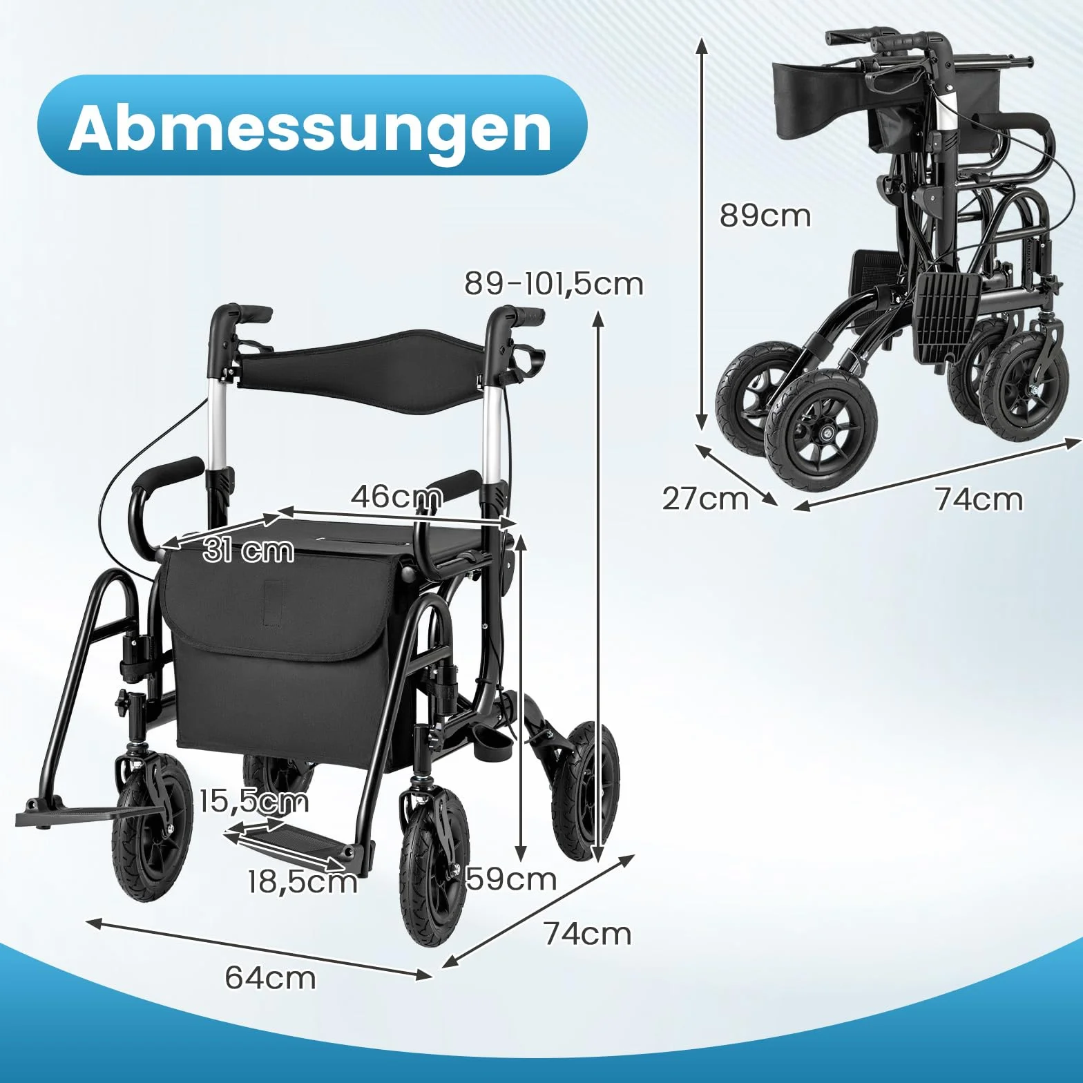 COSTWAY Chodzik z oponami pneumatycznymi składany lekki z siedziskiem wózek inwalidzki rollator 2 w 1 aluminium do 140 kg 6-stopniową regulacją wysokości