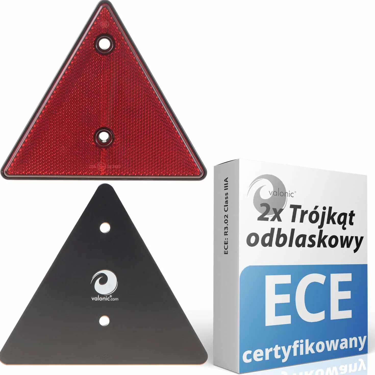 valonic trójkąt odblaskowy, 2 szt. - certyfikat ECE: R3.02 klasa IIIA (dla ruchu drogowego)- 15cm - odblaski do przyczep - czerwony - brak śrub w zestawie