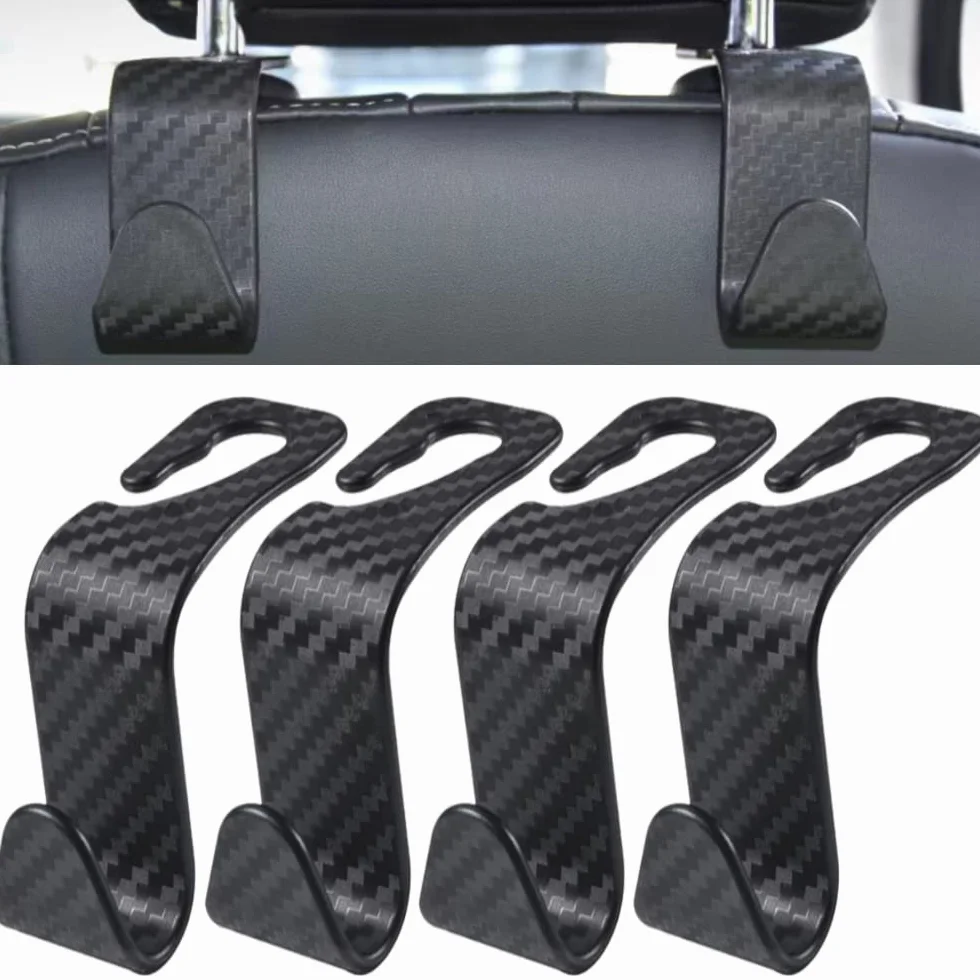 Haczyki na zagłówki samochodowe, uniwersalny haczyk na oparcie fotela samochodowego, uchwyt na zagłówek tylnego siedzenia samochodowego, czarny (4 sztuki) (Carbon Fiber Black)