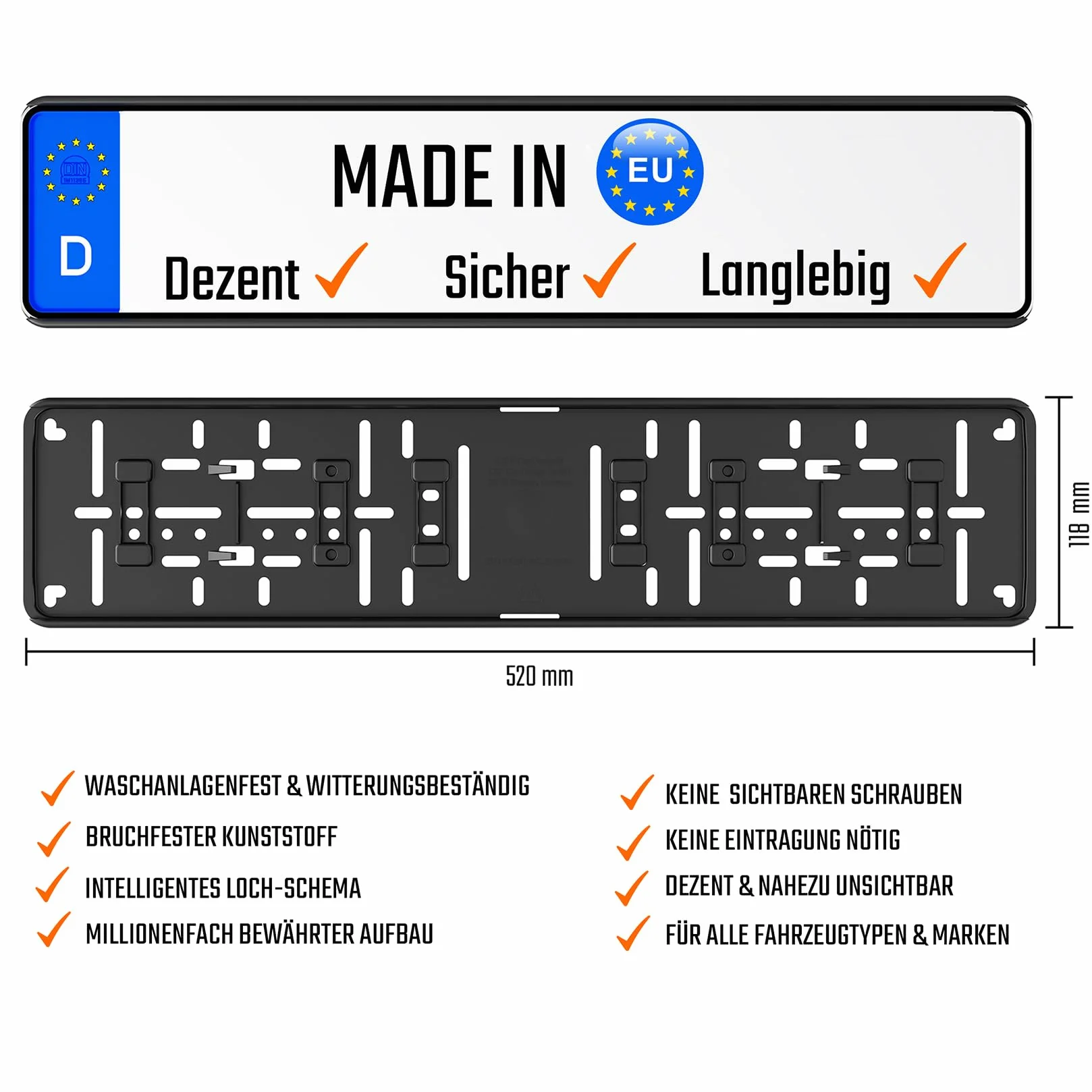 L & P Car Design Uchwyt tablicy rejestracyjnej, bez ramy, bez widocznych punktów mocowania, czarny, 2 sztuki, tworzywo sztuczne