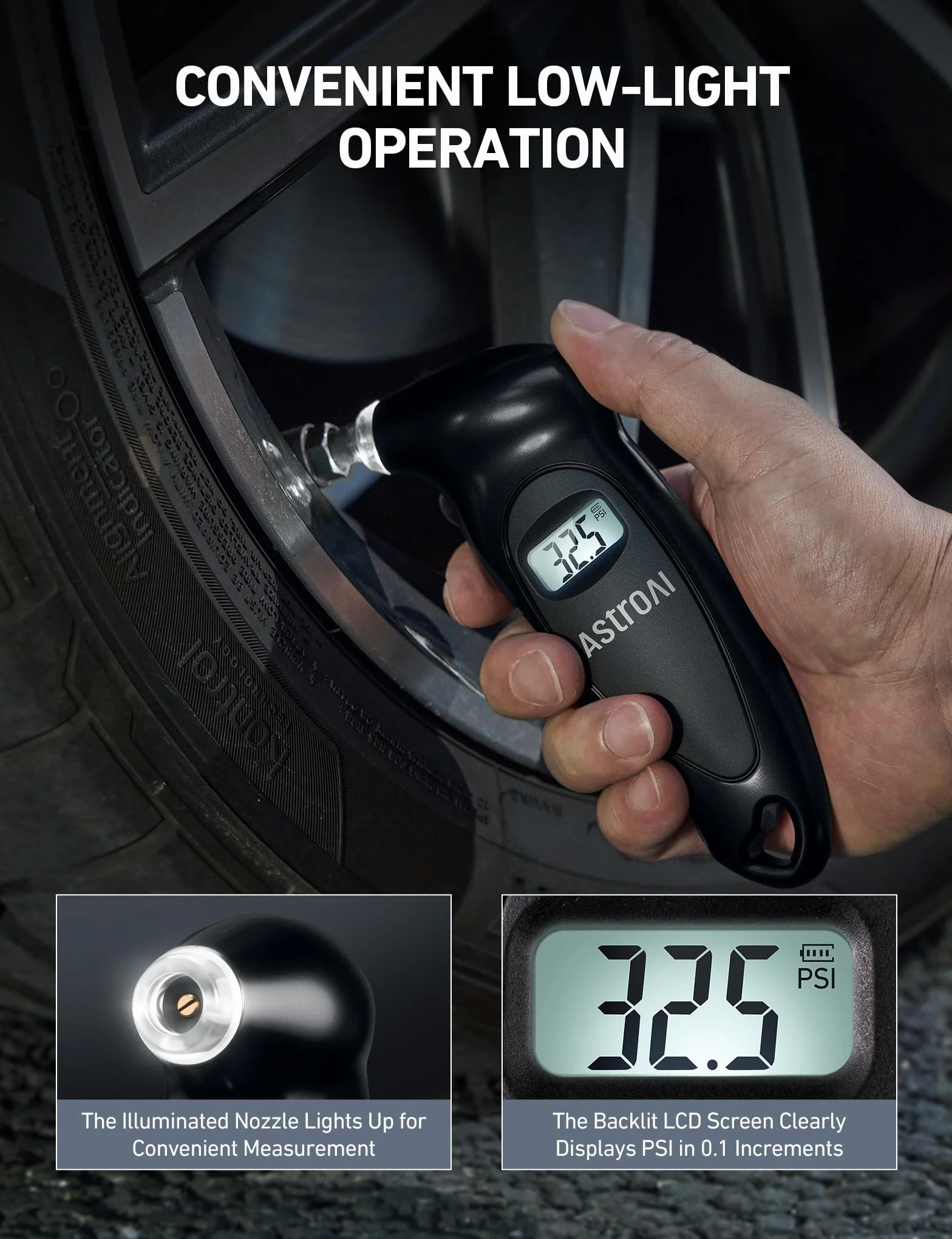 AstroAI Cyfrowy miernik ciśnienia w oponach, 150 psi, 4 ustawienia, do samochodu ciężarowego, roweru, podświetlany wyświetlacz LCD, antypoślizgowy uchwyt, kontroler ciśnienia w oponach (czarny)