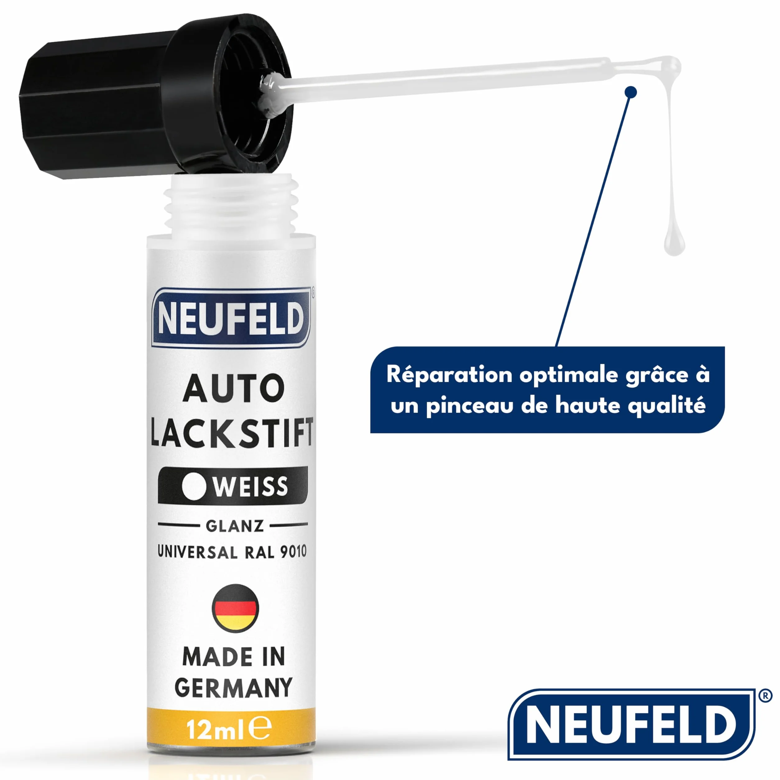 NEUFELD® Pisak do lakieru, biały, błyszczący [12 ml] – pisak do lakieru samochodowego o dużej sile krycia – lakier samochodowy biały przeciwko zarysowaniom – gruby (biały)