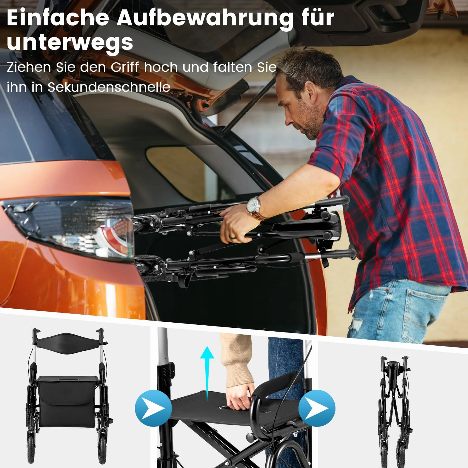 COSTWAY Chodzik z oponami pneumatycznymi składany lekki z siedziskiem wózek inwalidzki rollator 2 w 1 aluminium do 140 kg 6-stopniową regulacją wysokości