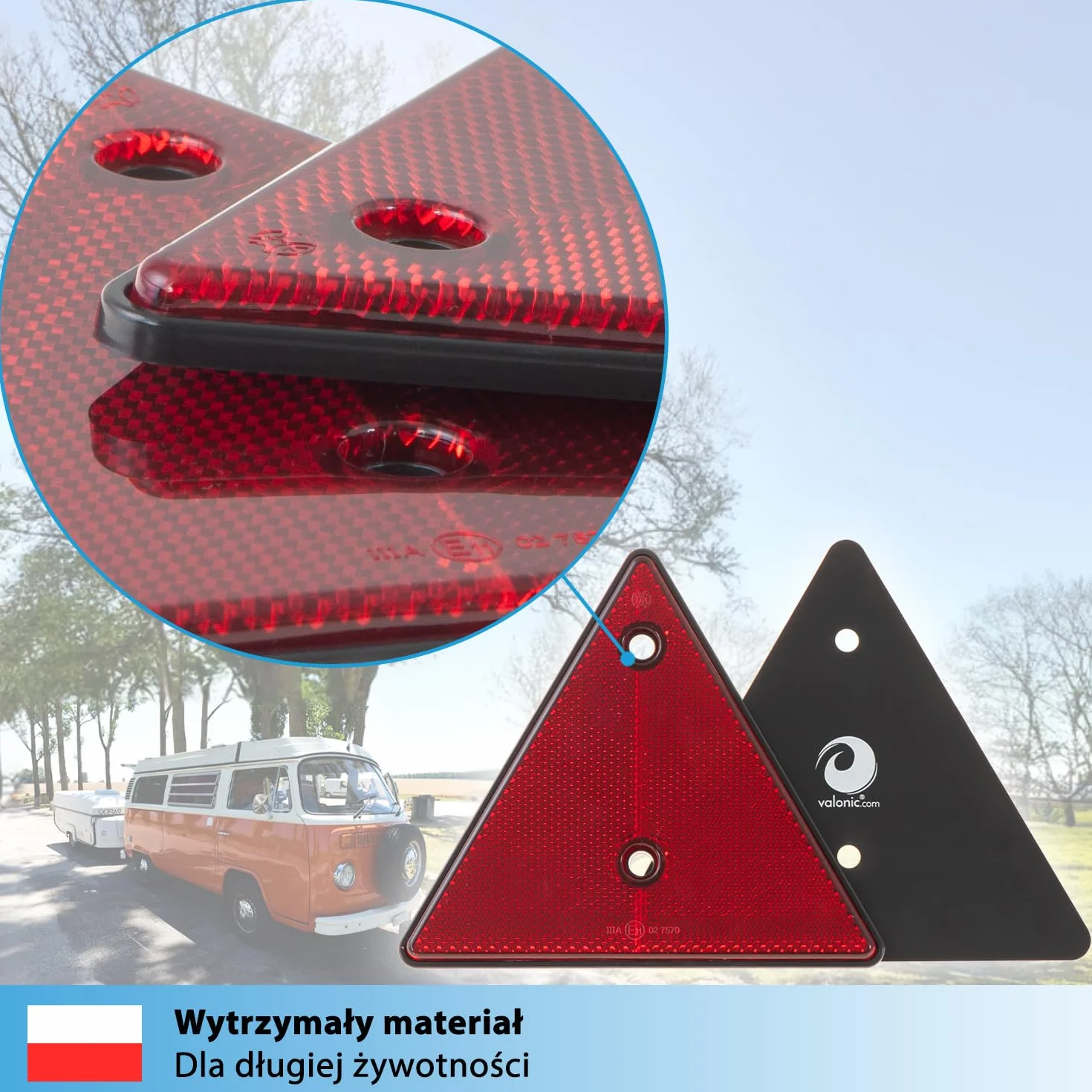valonic trójkąt odblaskowy, 2 szt. - certyfikat ECE: R3.02 klasa IIIA (dla ruchu drogowego)- 15cm - odblaski do przyczep - czerwony - brak śrub w zestawie