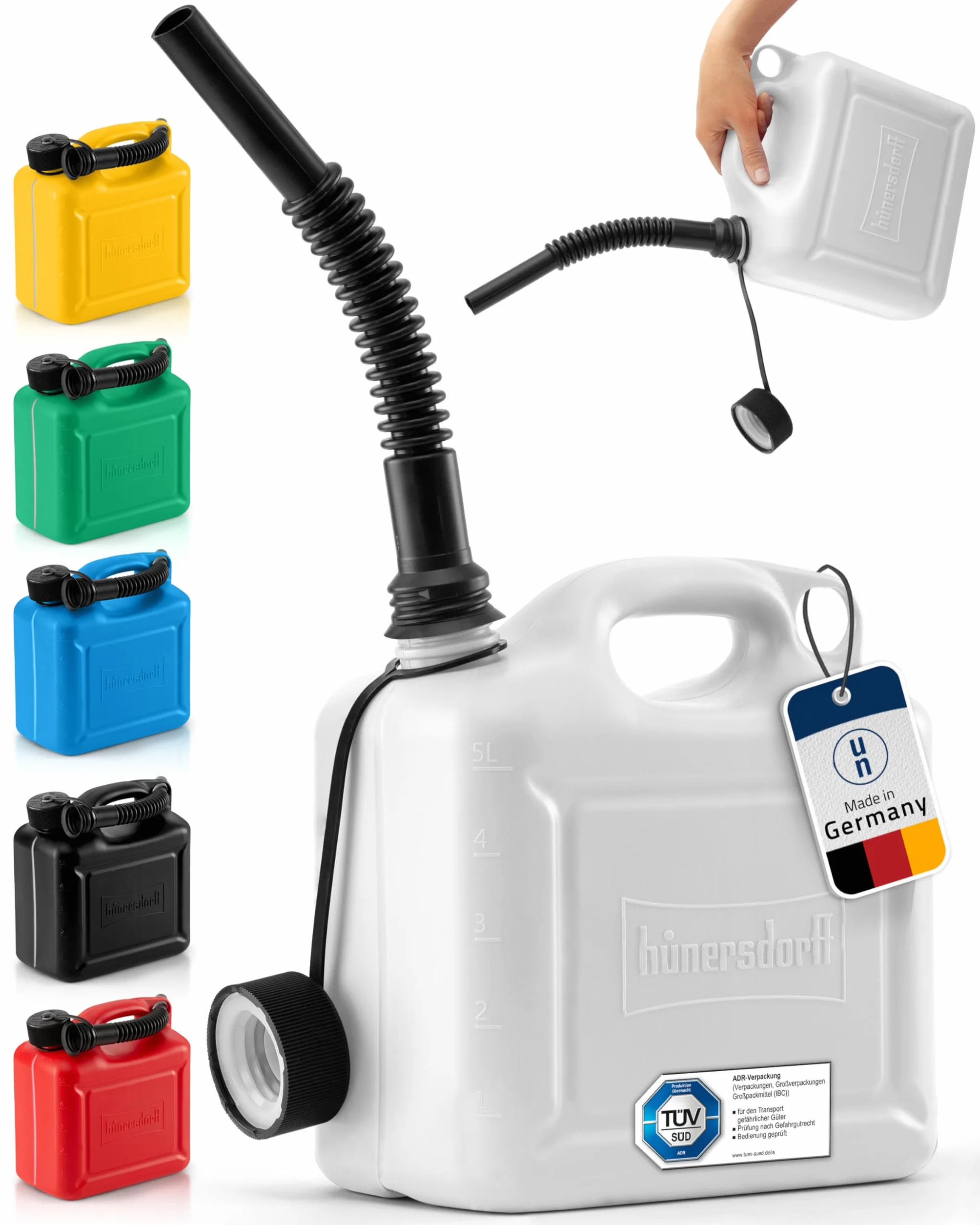 Kanister na paliwo 811500 Standard 5 l na benzynę, olej napędowy i inne towary niebezpieczne, dopuszczenie ONZ, wyprodukowano w Niemczech, produkcja sprawdzona przez TÜV, biały