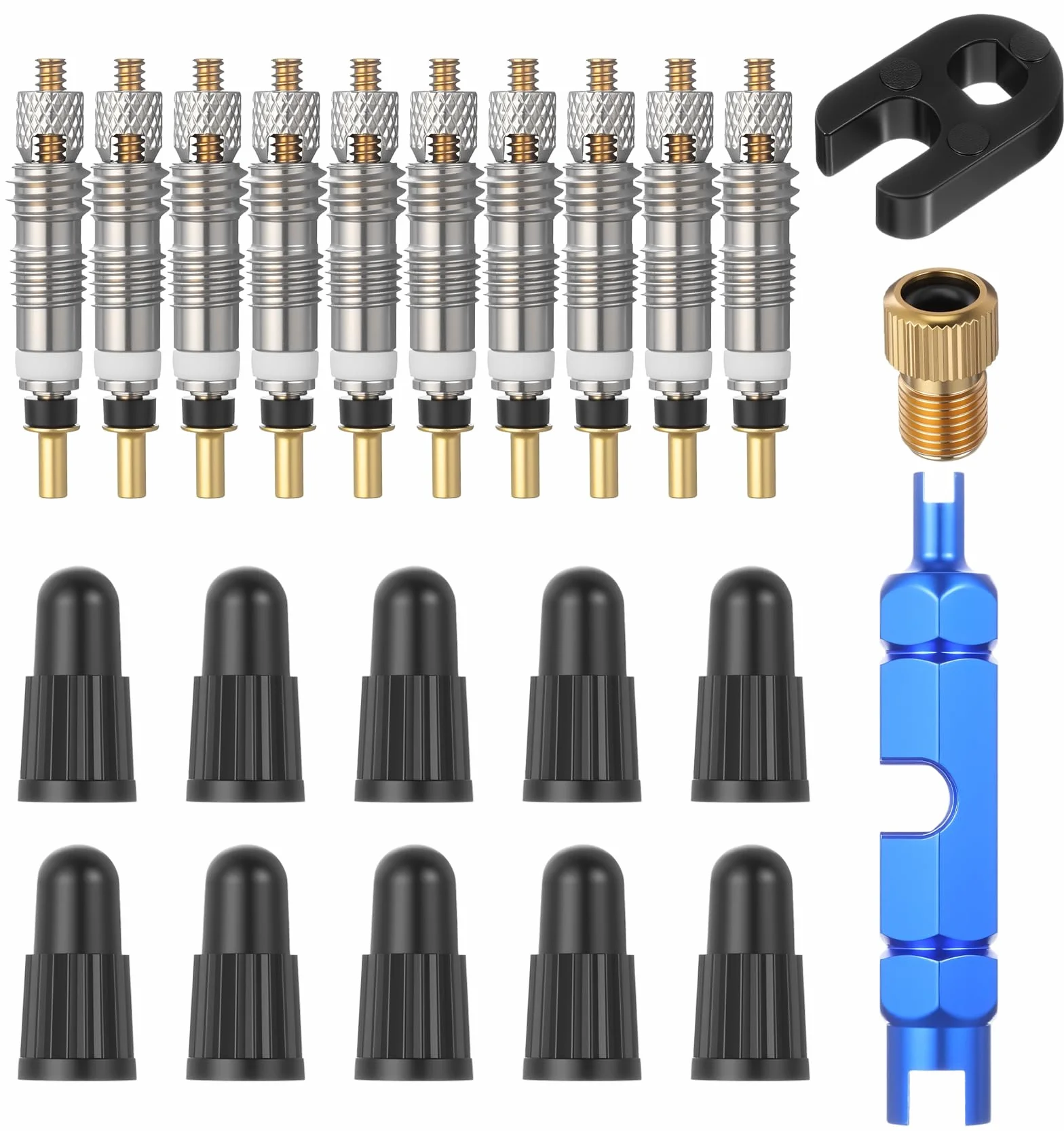 23-częściowy zawór rowerowy francuski, adapter do wentylu francuskiego do roweru i roweru górskiego, ze śrubą, kluczem i nasadkami ochronnymi, uniwersalnie kompatybilny