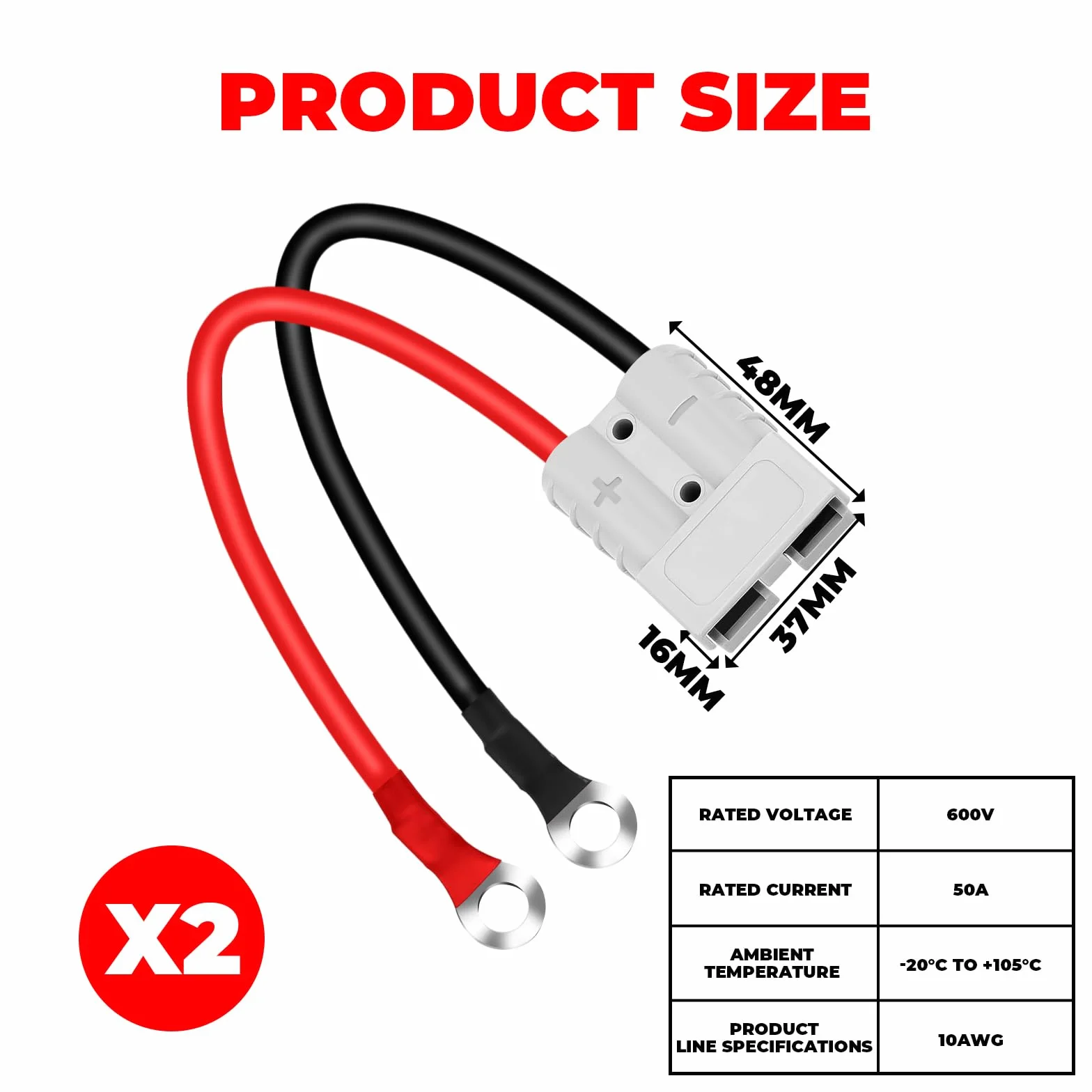 Kabel połączeniowy 50 A 600 V 10 AWG 20 cm O-ring do Anderson wózków widłowych
