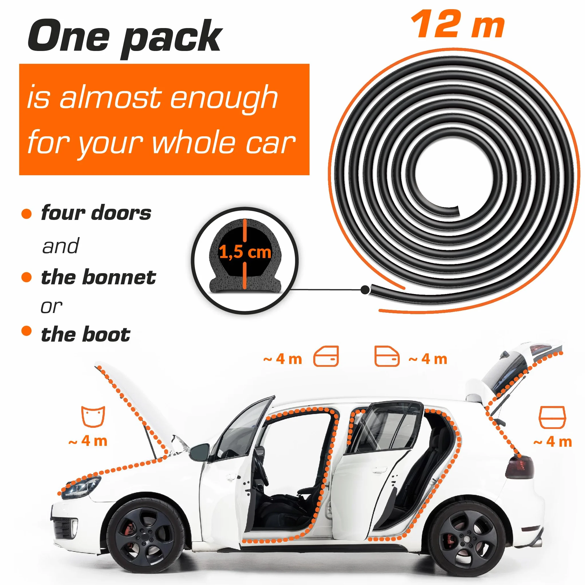 Upgrade4cars uszczelka do drzwi i bagażnika, profil D, 12 m, gumowa uszczelka samochodowa