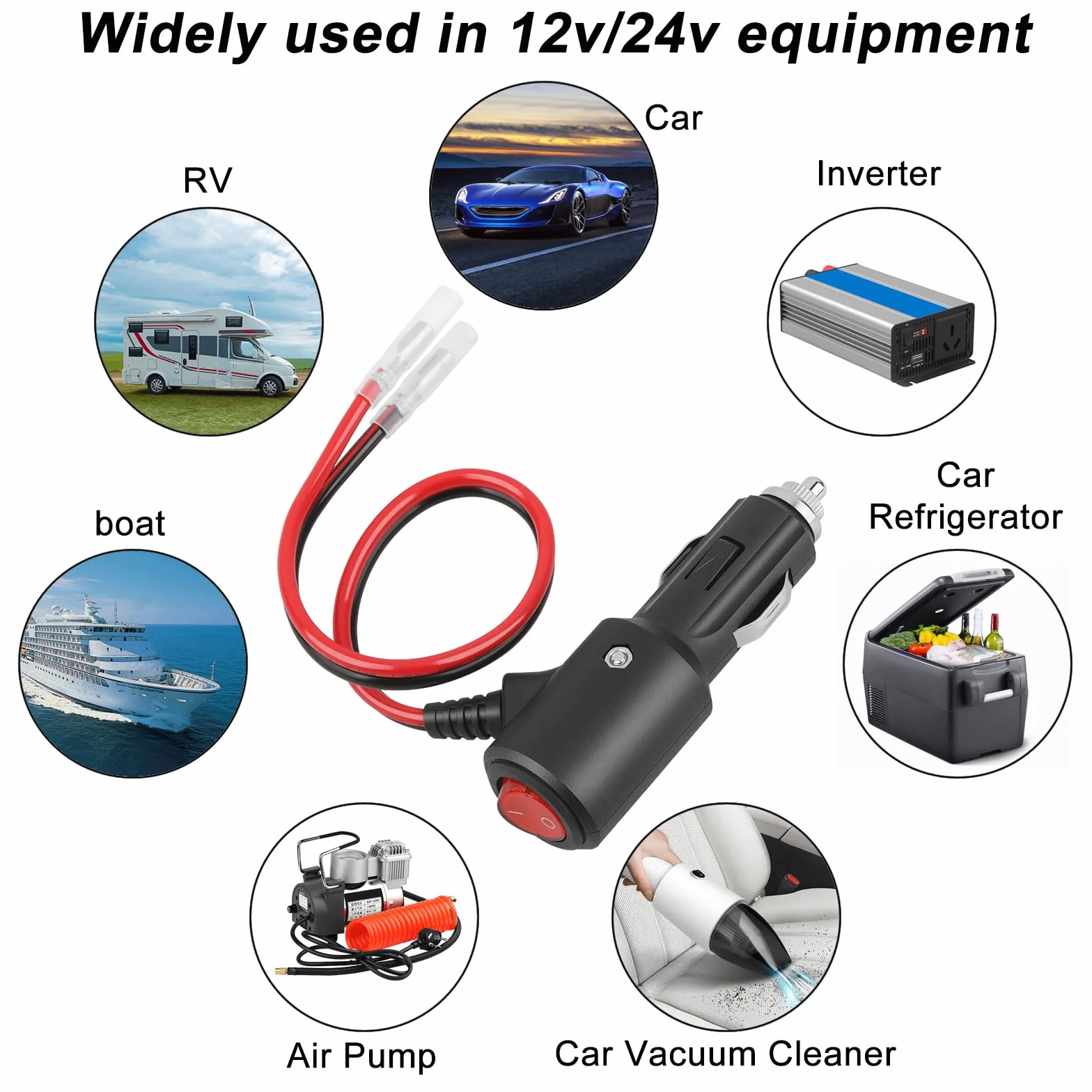 Wtyczka do zapalniczki samochodowej z przełącznikiem Kabel przedłużający 12-24 V Uniwersalna wtyczka z kablem 14 AWG 30 cm 20 A do połączenia zasilania DC w samochodach, łodziach itp.