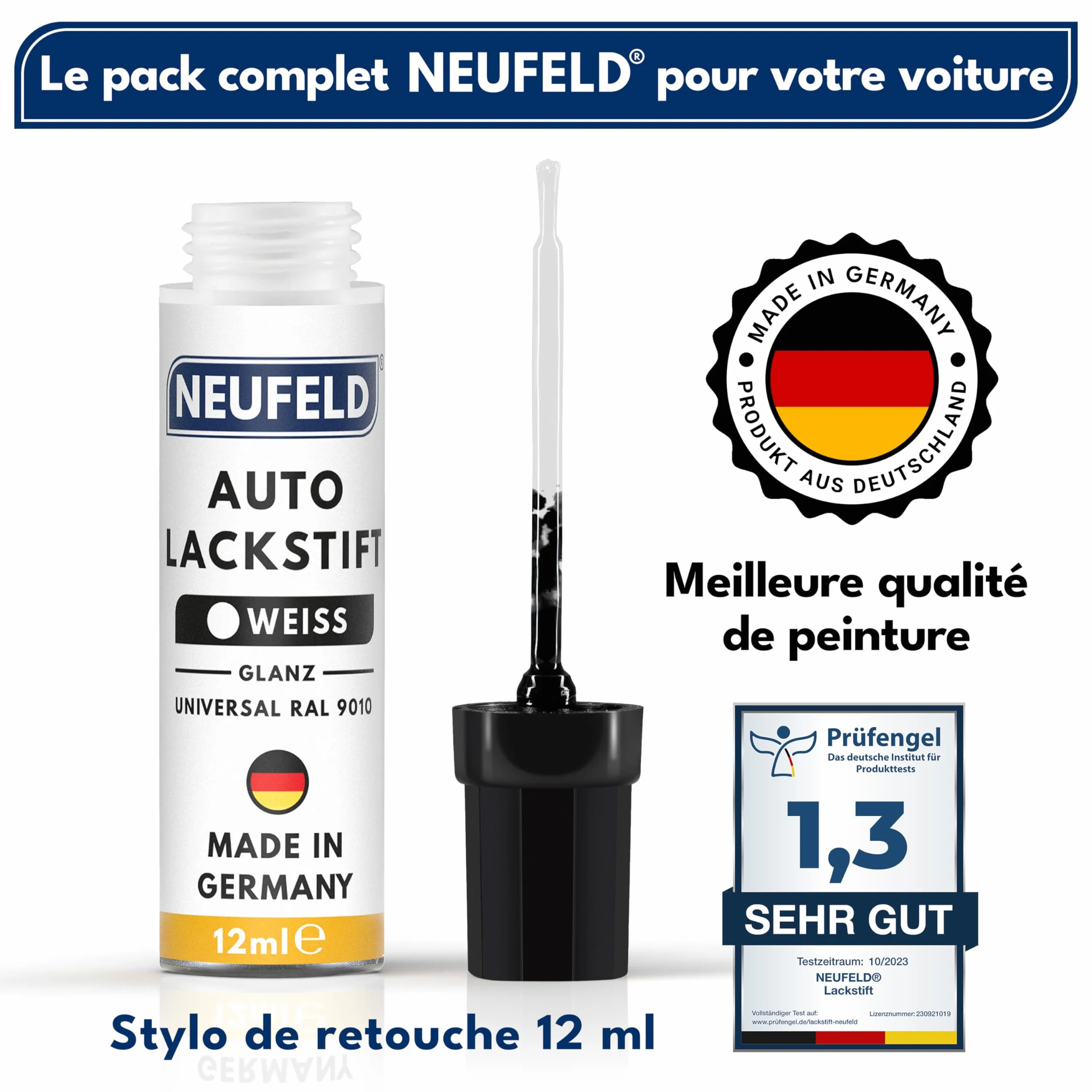 NEUFELD® Pisak do lakieru, biały, błyszczący [12 ml] – pisak do lakieru samochodowego o dużej sile krycia – lakier samochodowy biały przeciwko zarysowaniom – gruby (biały)