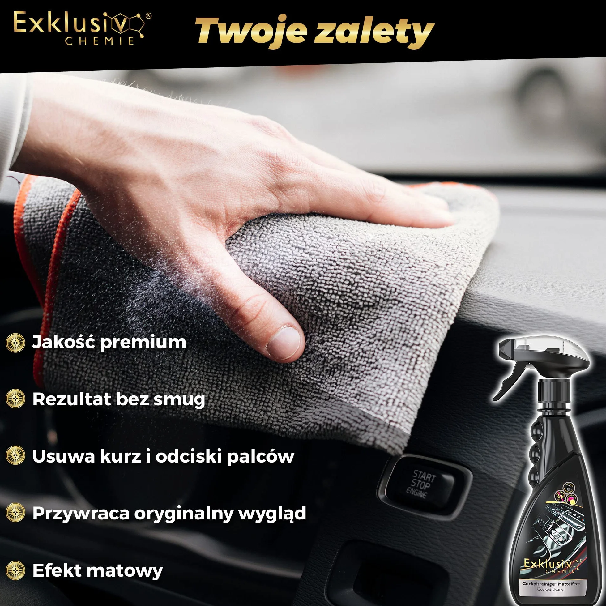 Exklusiv Chemie® Samochód do pielęgnacji kokpitu | Czyści i pielęgnuje deskę rozdzielczą i plastikowe powierzchnie | Wnętrze do pielęgnacji samochodu | Środek do czyszczenia tapicerki | Leczenie samochodów | 500 ml