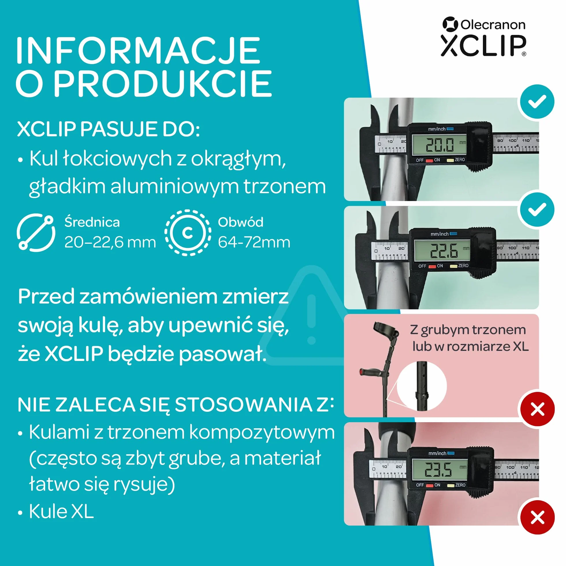 Podpórka pod pachami do okrągłych kijków do chodzenia 64-72 mm, konstrukcja X, lekki przenośny uchwyt