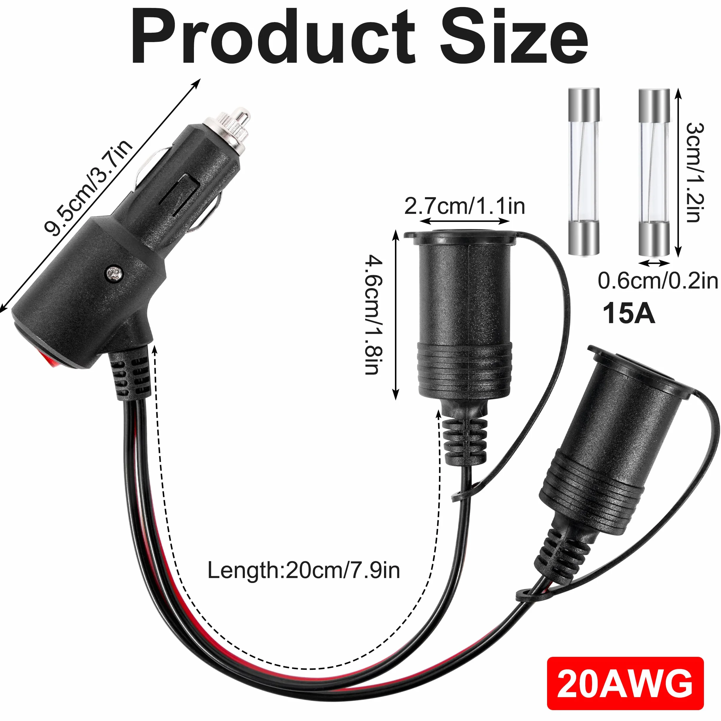 Rozdzielacz do zapalniczki samochodowej 12 V/24 V gniazdo zapalniczki samochodowej adapter z przełącznikiem 20 cm 20 AWG kabel przedłużający 1 do 2 rozdzielaczy z bezpiecznikiem 15 A do