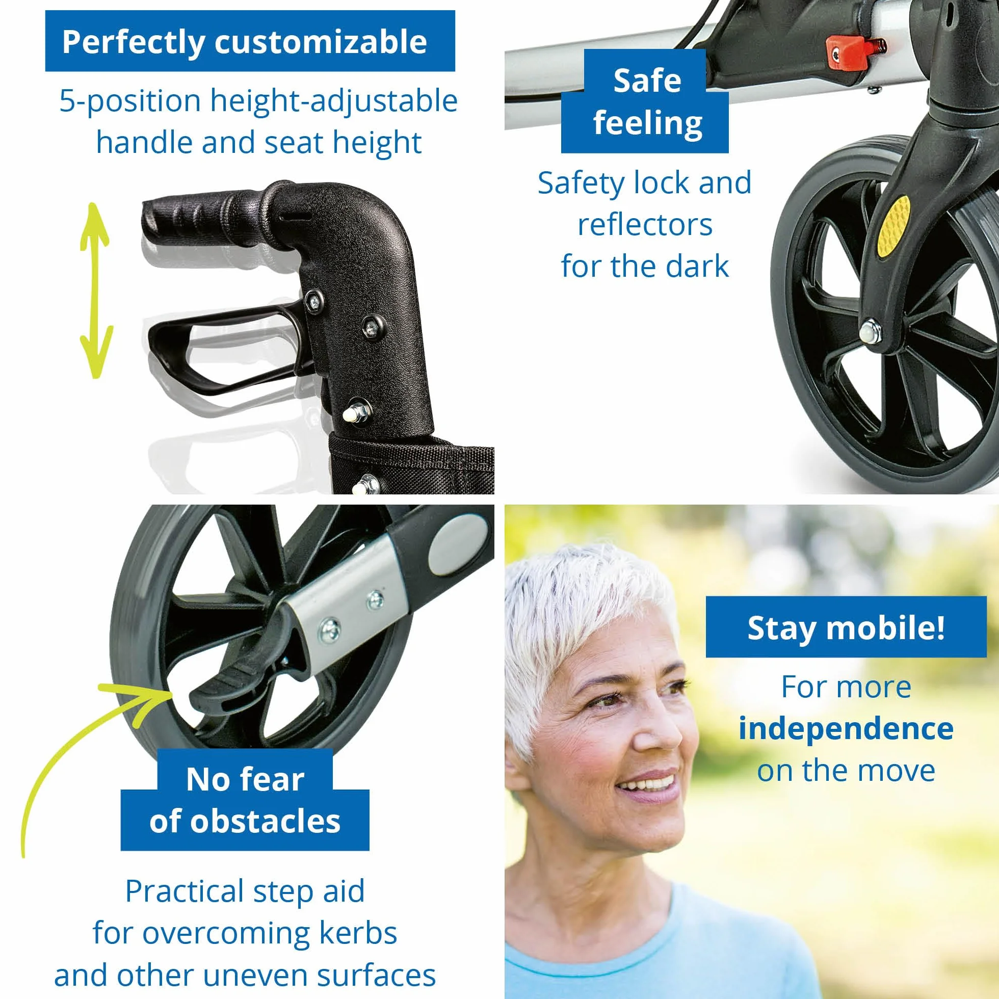 WEINBERGER leichter klappbarer Alu-Rollator all-Inclusive mit Tasche Stockhalter Bremsen, 7,3 kg, höhenverstellbar, Silber-Schwarz