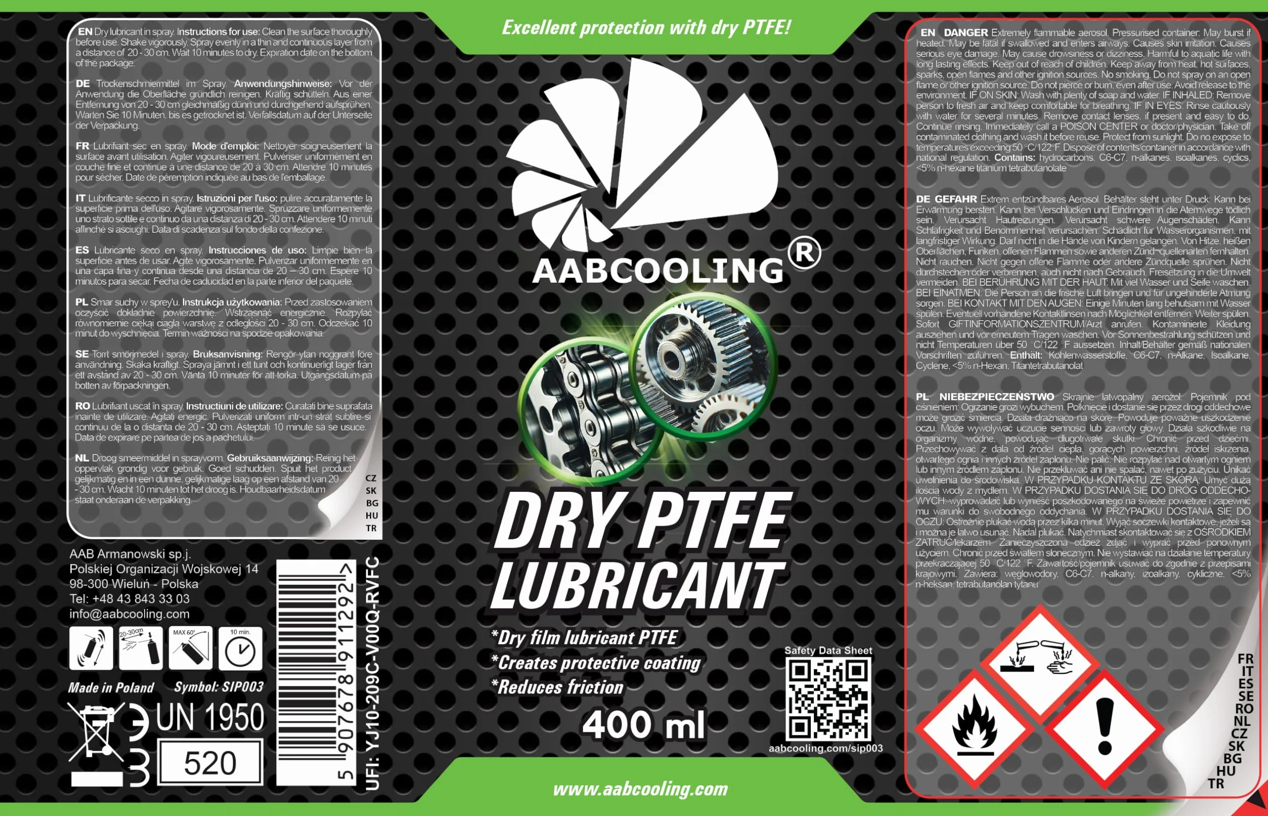 AABCOOLING Dry PTFE Lubricant 400 ml – suchy smar z teflonem w spreju o niskim współczynniku tarcia do łańcuchów, linek, prowadnic i mechanizmów – odporny na kurz i wilgoć