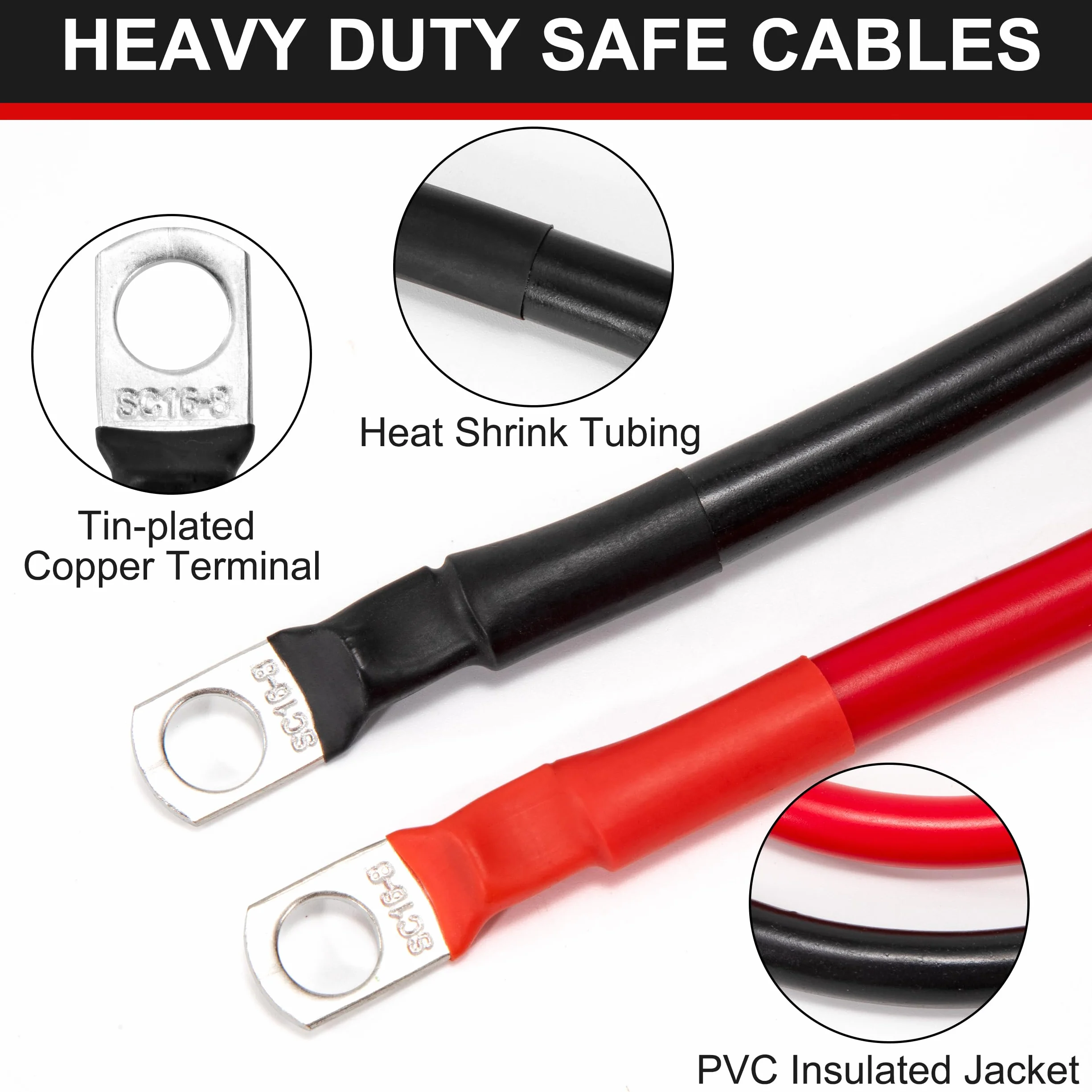 kable akumulatorowe 14mm² 30cm kabel do akumulatora 12V 6AWG miedziany z kleszczami M8 do samochodu, motocykla, jednostki morskiej, solarnej, kolor: czarny i czerwony, 2 sztuki
