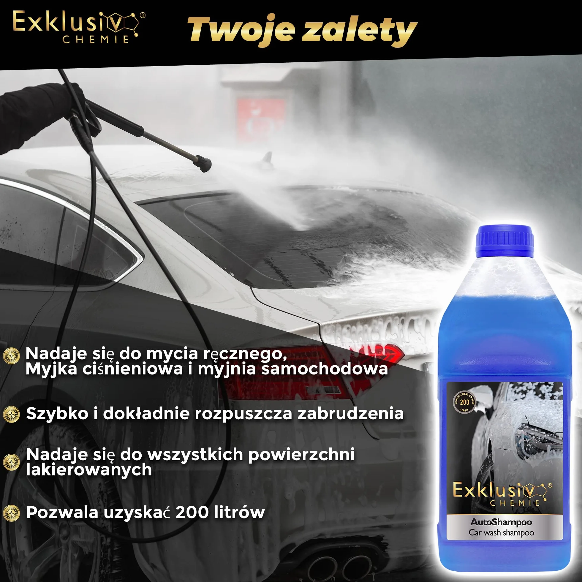 Exklusiv Chemie® Szampon samochodowy koncentrat 1000ml do myjni samochodowej | Szampon samochodowy | Koncentrat myjący o neutralnym pH | Nabłyszczanie lakieru i szyb samochodowych | Wydajność 200 litrów