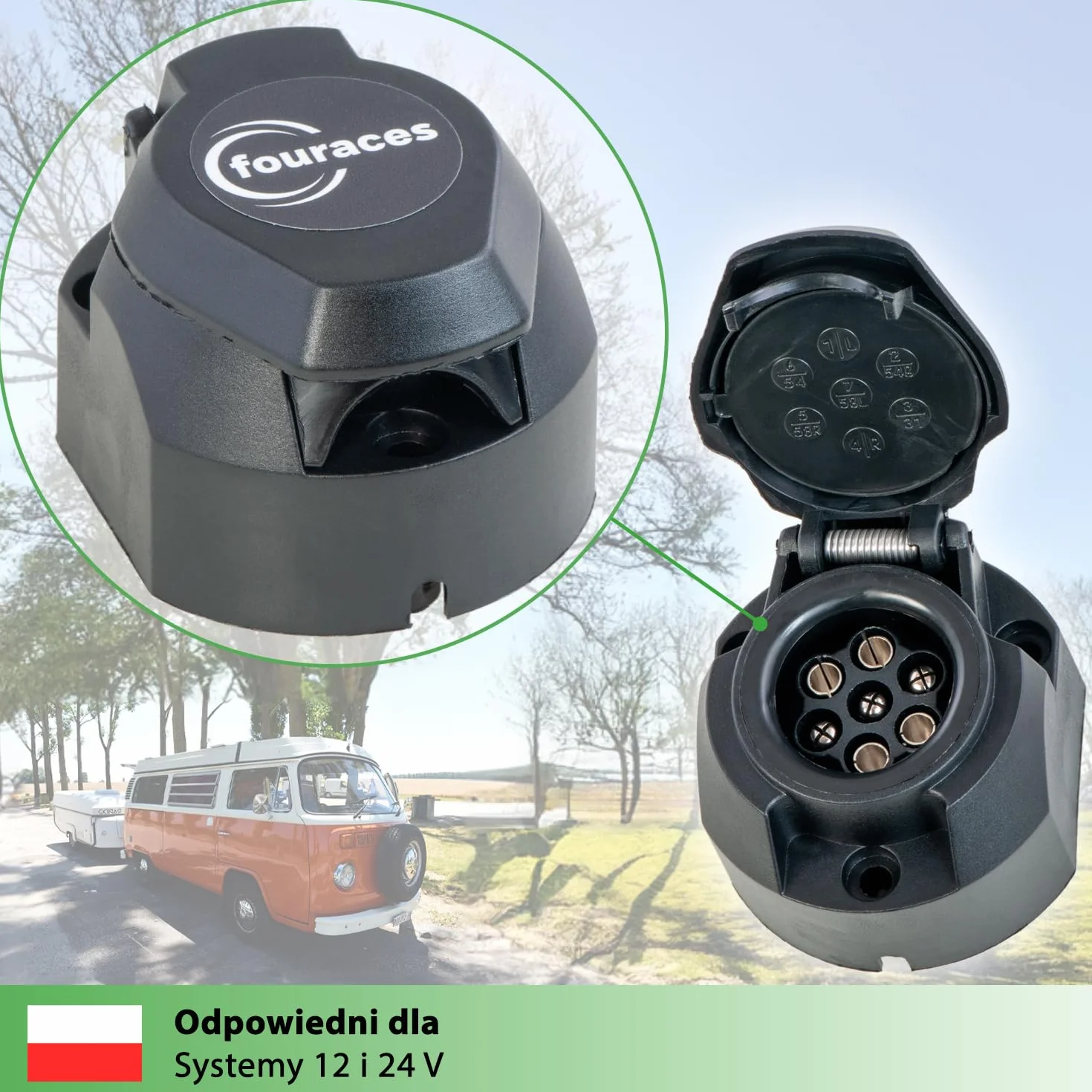 fouraces gniazdo przyczepy - 7-pin, szablon - do samochodów, pojazdów silnikowych i ciągników - sprzęg przyczepy, akcesoria, części zamienne, gniazdo, czarne