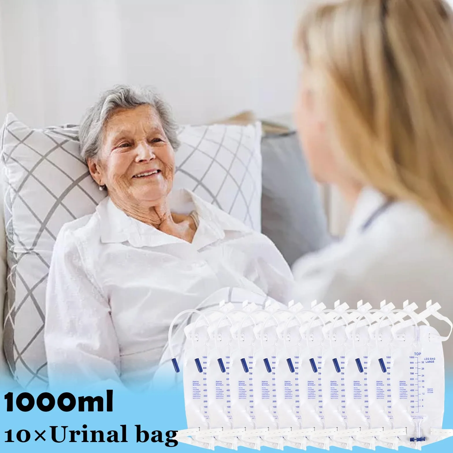 Worki na mocz 1000 ml z zaworem zapobiegającym refluksowi, cewnik 30 cm, 10 sztuk