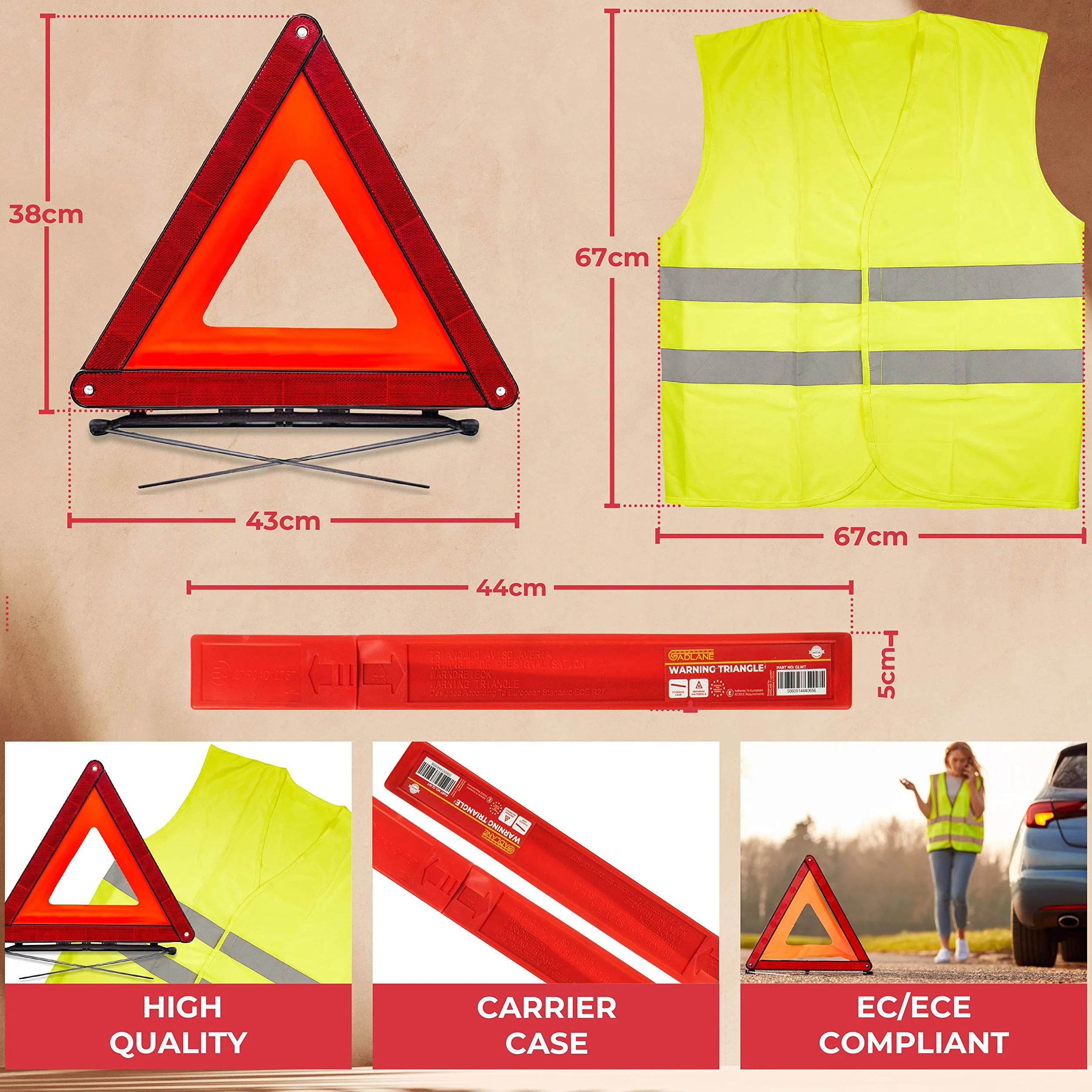 GADLANE Zestaw z trójkątem ostrzegawczym 2 w 1 i kamizelką Hi Vis Kit na samochód, bezpieczeństwo na drodze, odblaskowy ECE R27 i kamizelka o wysokiej widoczności, europejski zestaw podróżny do awarii