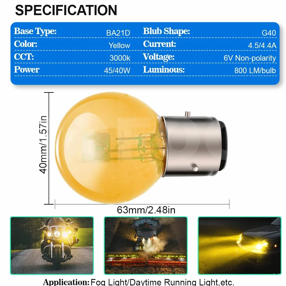 SOFOC Żarówka BA21D 6V 45/40W Halogenowa Motocyklowa G40 Żółty Bursztynowy Podwójny Włókien Światła Drogowe/Mijania 120° 3-Stykowa Podstawa Bagnetowa 1Szt