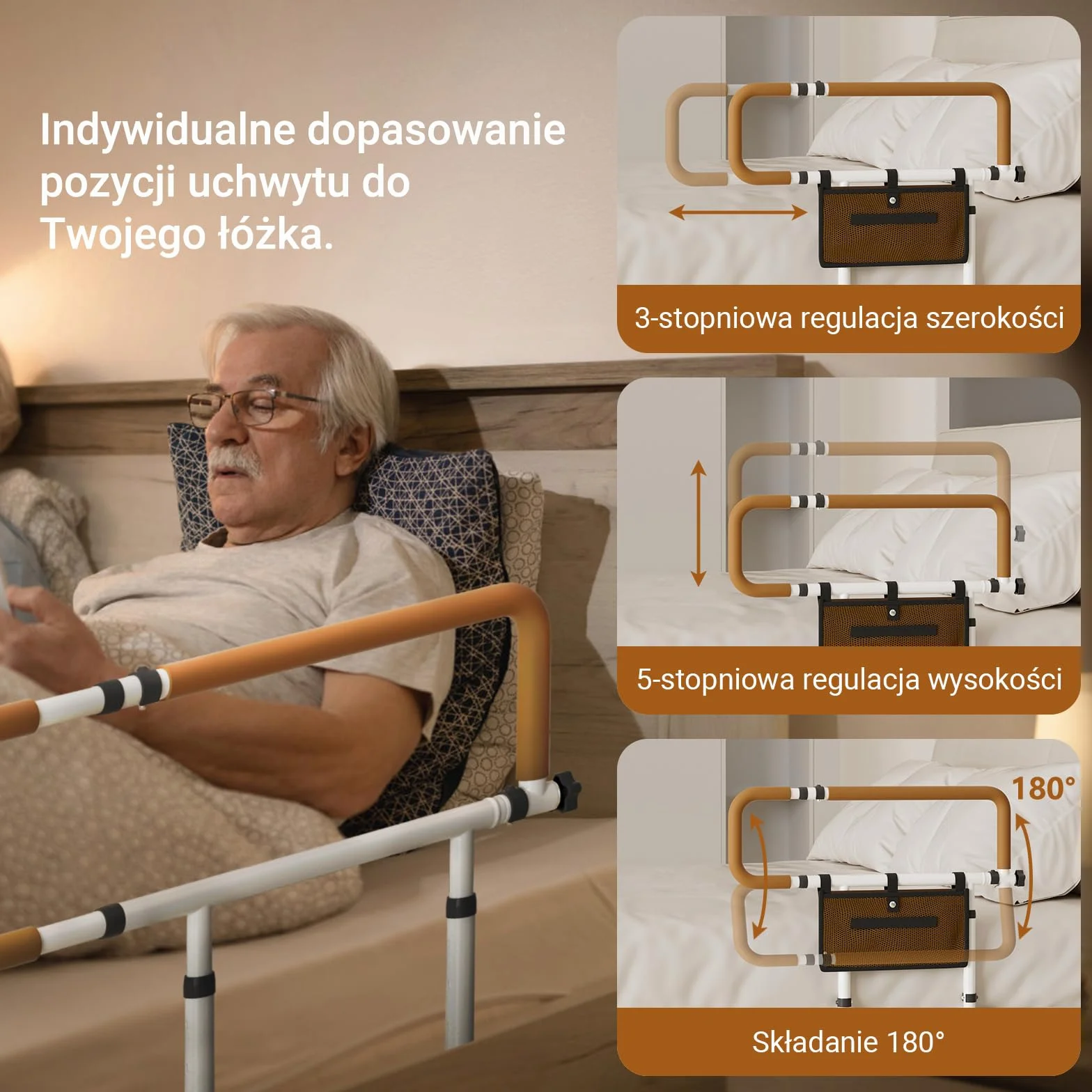 Poręcz łóżka dla seniorów regulowana wysokość i szerokość składana antypoślizgowe uchwyty