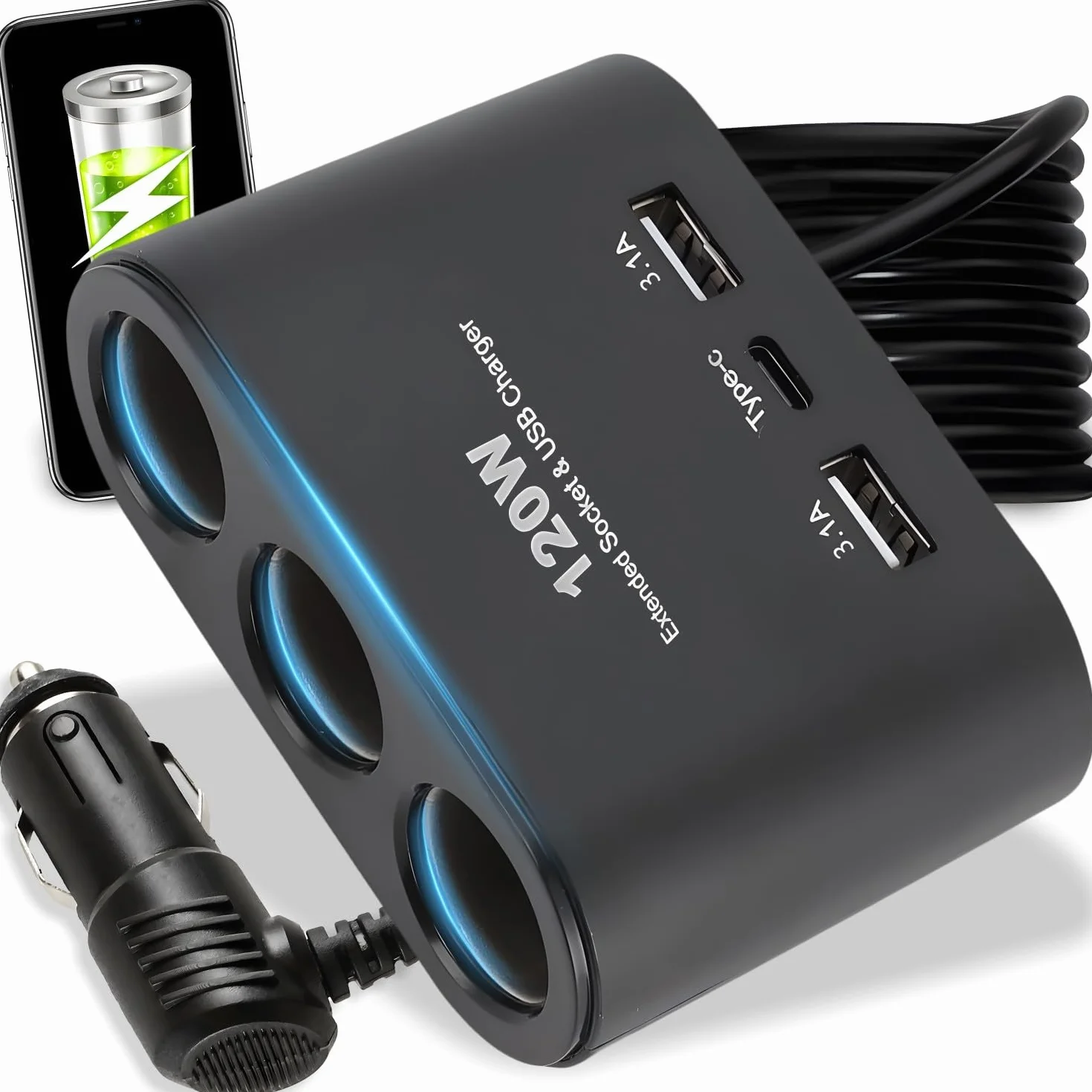 Retoo rozdzielacz zapalniczki 3-gniazdowy, ładowarka samochodowa z 2x USB 1x Type C, adapter z kablem splitter 23cm, gniazdo 12V 24V 120W Power Delivery Quick Charge do samochodu, ciężarówki, campera