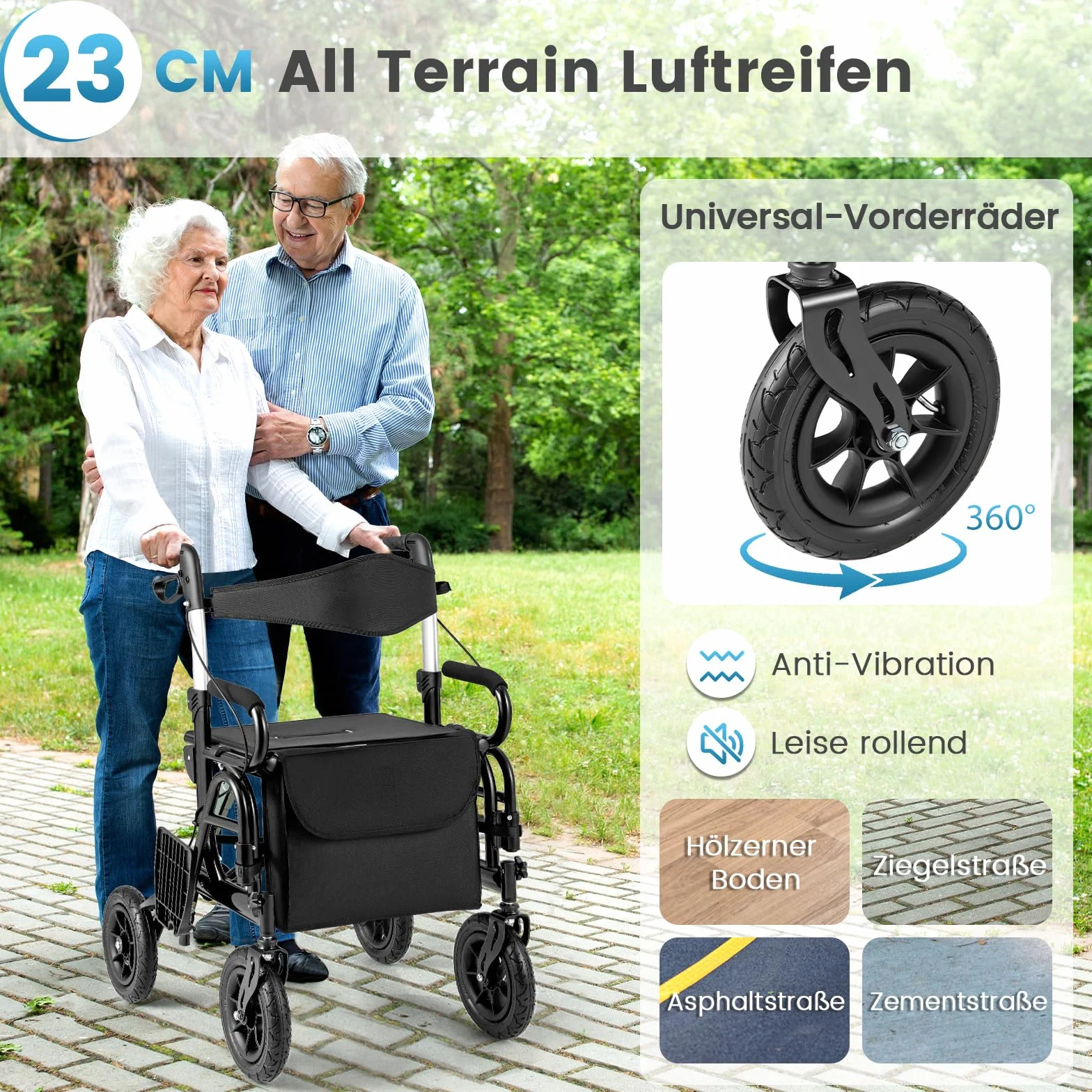 COSTWAY Chodzik z oponami pneumatycznymi składany lekki z siedziskiem wózek inwalidzki rollator 2 w 1 aluminium do 140 kg 6-stopniową regulacją wysokości