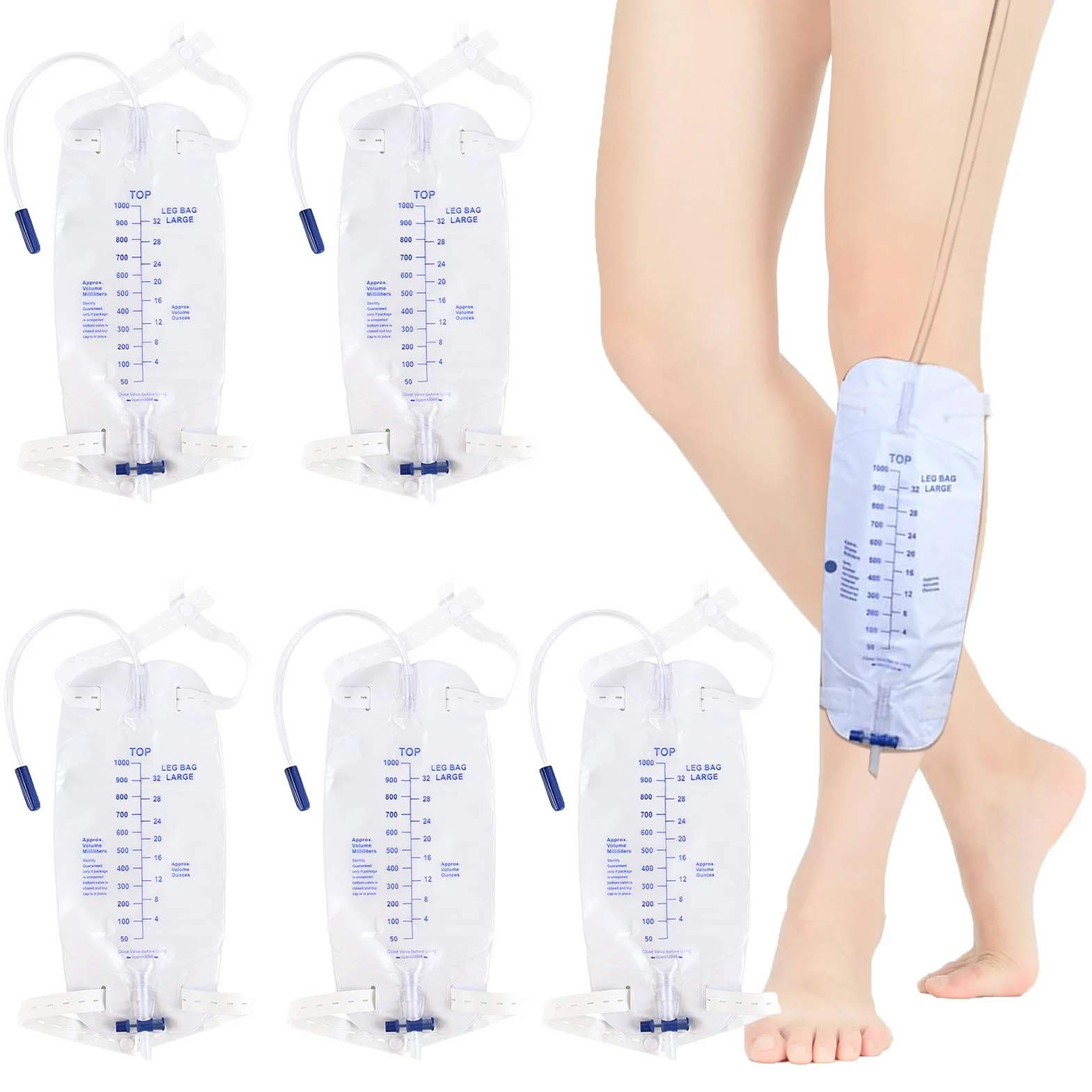 Worek na mocz 1000 ml z zaworem spustowym T, 5 sztuk, długość węża 30 cm