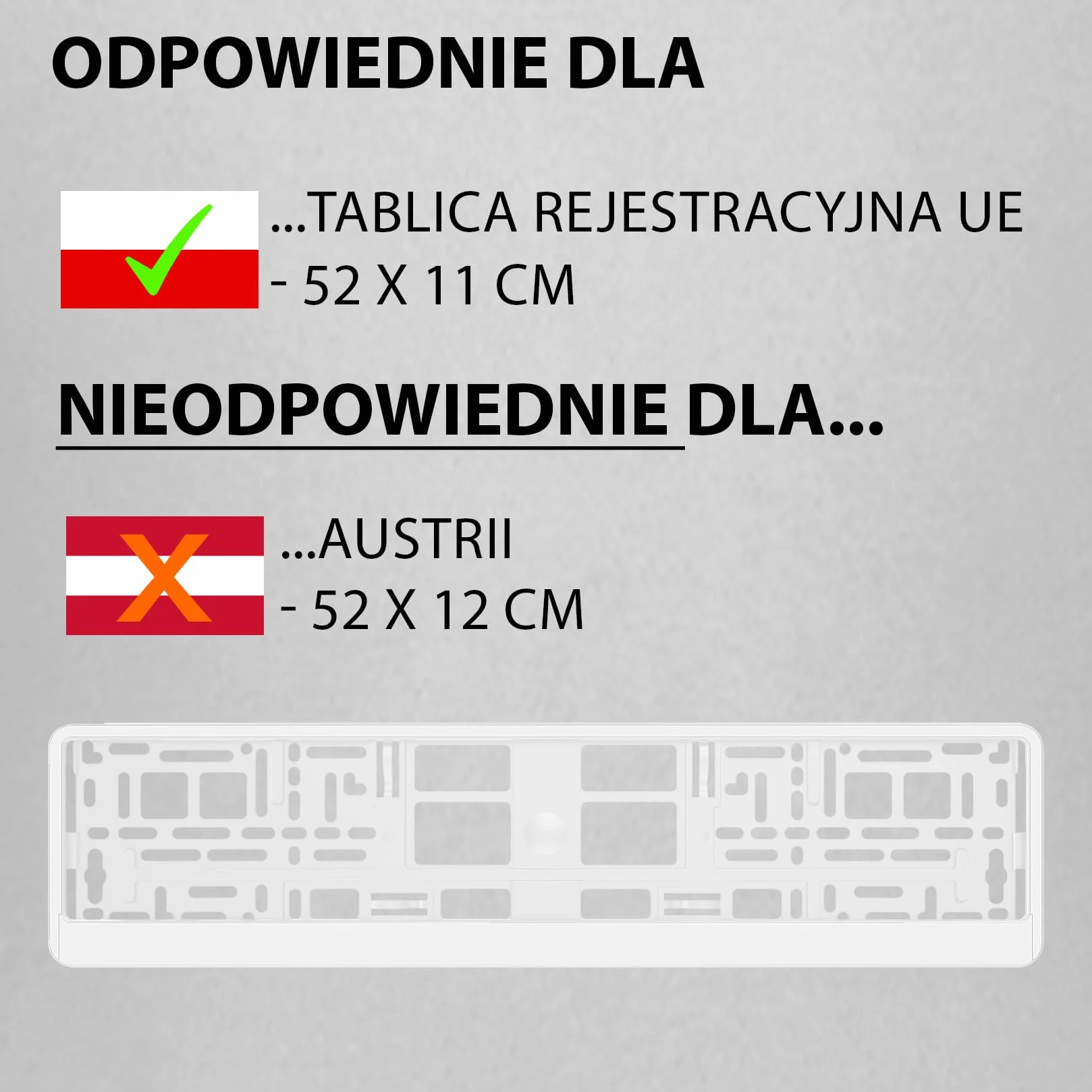 2x Uchwyt tablicy rejestracyjnej - trwały i bezpieczny - 8 śrub - biały połysk - 520x110 mm - Ramka do tablic rejestracyjnych - pasuje do każdego samochodu - dla polskich tablic PL - uniwersalny