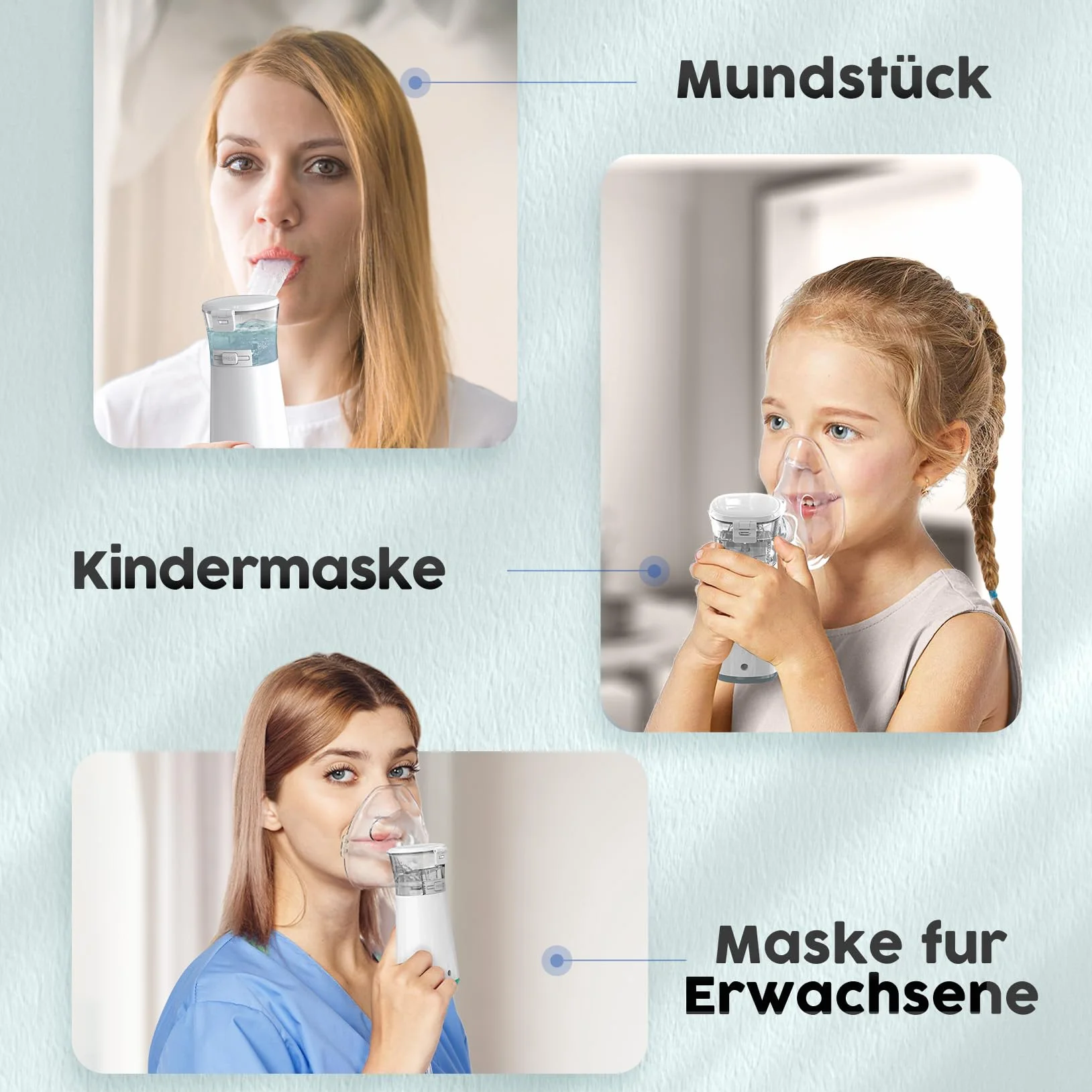 Cichy inhalator dla dzieci i dorosłych z ustnikiem, 2 maskami, regulowaną szybkością, trybem czyszczenia, długą żywotnością baterii