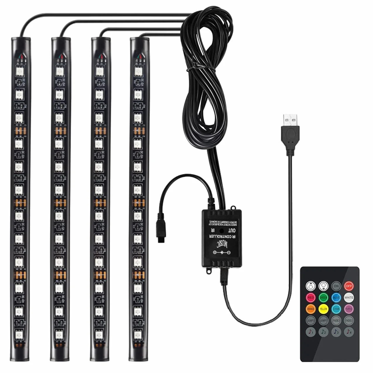 Favoto 4x12 oświetlenie wewnętrzne Oświetlenie nastrojowe LED Oświetlenie wnętrza samochodu Wnętrze LED z portem USB i pilotem na podczerwień