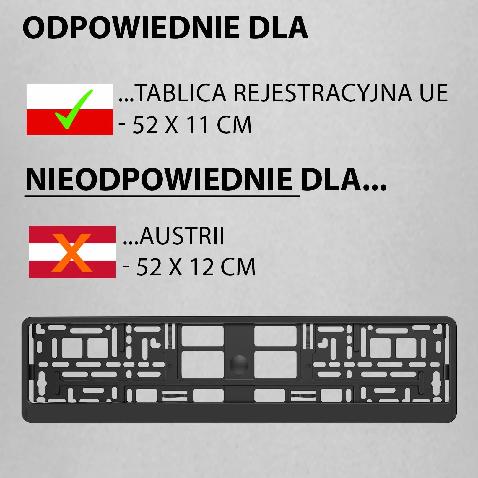 2x Uchwyt tablicy rejestracyjnej - trwały i bezpieczny - 8 śrub - czarny - 520x110 mm - Ramka do tablic rejestracyjnych - pasuje do każdego samochodu - dla polskich tablic PL - uniwersalne mocowanie